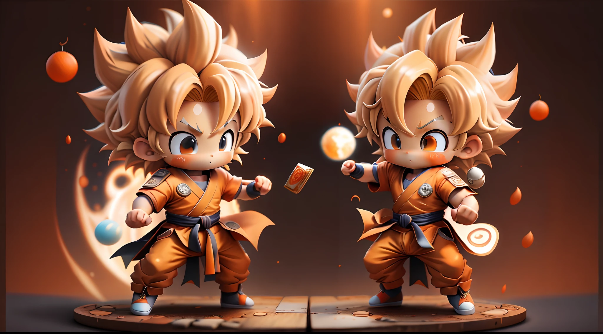 Son Goku, Super Saiyan, Blonde, chibi, blue eyes, Viewer's perspective, Card background, Milky Way, Wear an orange martial arts costume