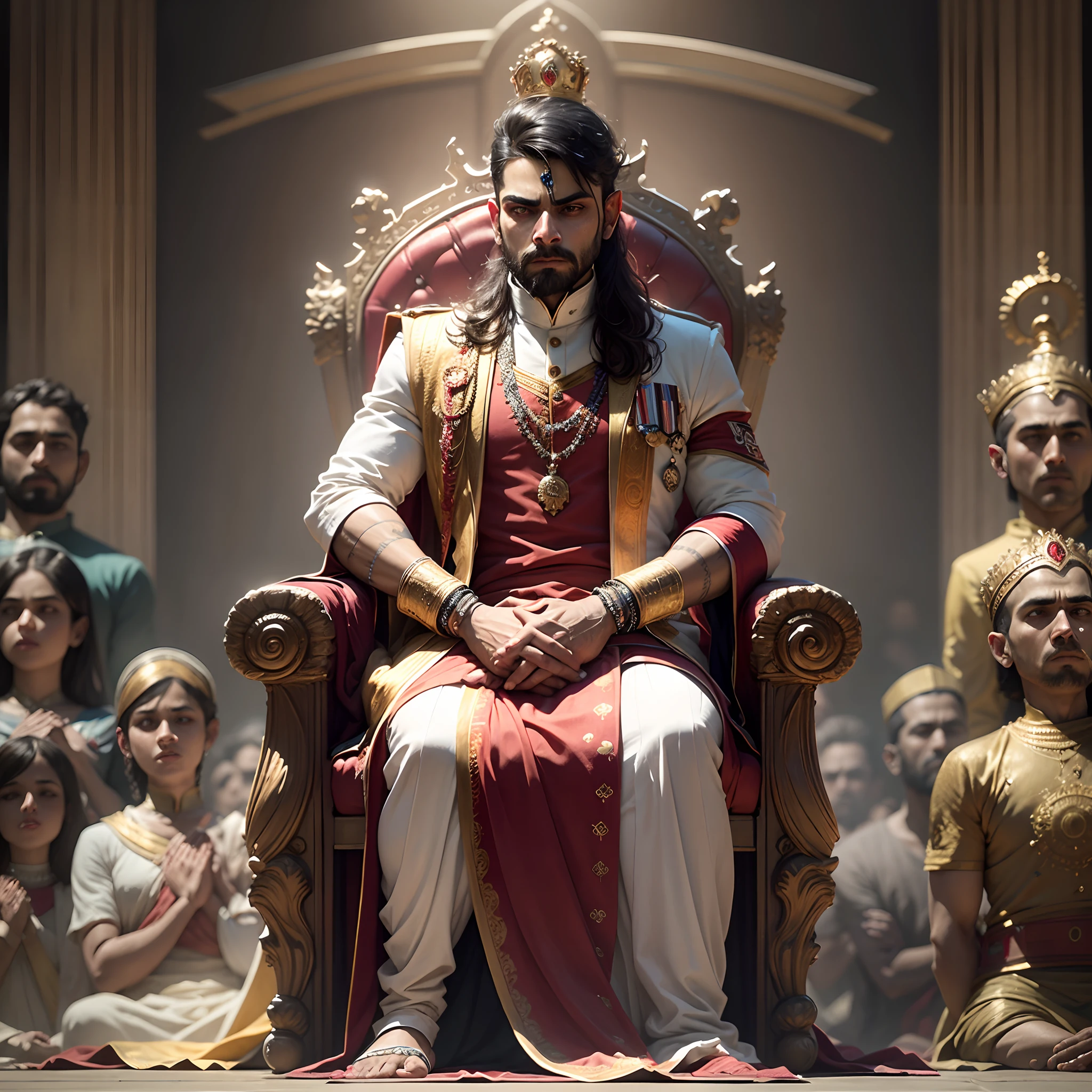 Masterpiece, High resolution, Legendary image VIRAT KOHLI as supreme ruthless KING sitting on his royal throne and common people bowing to him --auto --s2