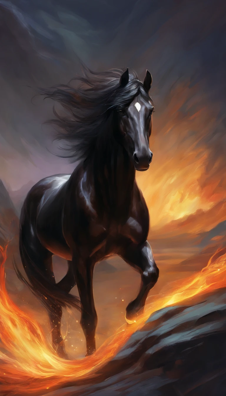 horse, shiny black fur, powerful, strong, long tail, eyes that gleam like fire,striking coat of deep obsidian