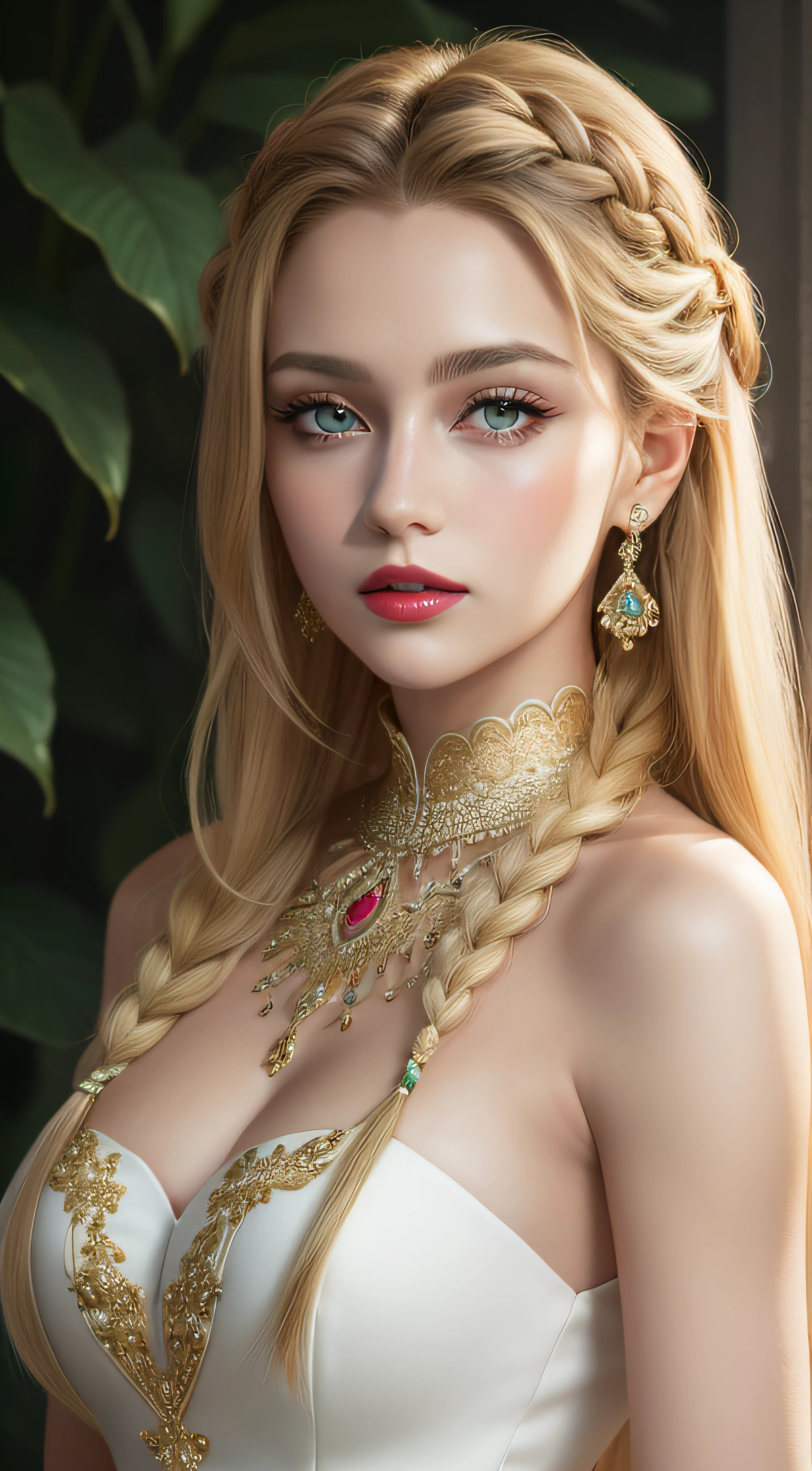 Unbeatable masterpiece, Ultra photo realsisim, Perfect artwork, Intricate details, Best quality, Strong light, High contrast, (royaldress:1.4)(Masterpiece) , (Best quality), (extremely detailed wallpaper CG unity 8k) , (best character detail:1.36), marshes, fantasy background, (delicated lines:1.24), (fantasy), (warm light:1.2) , Color splattering , Colorful, colorful background, detailed eyes, love eyes, detailed eyeshadows, green eyes, shiny eyes, Simple background, sexy, jewellery, ornaments, dark blonde hair, royal dress, white dress, collorbone, red lipstick, 1girl, matured girl, multi-braided hair(long hair:1.3), high high quality