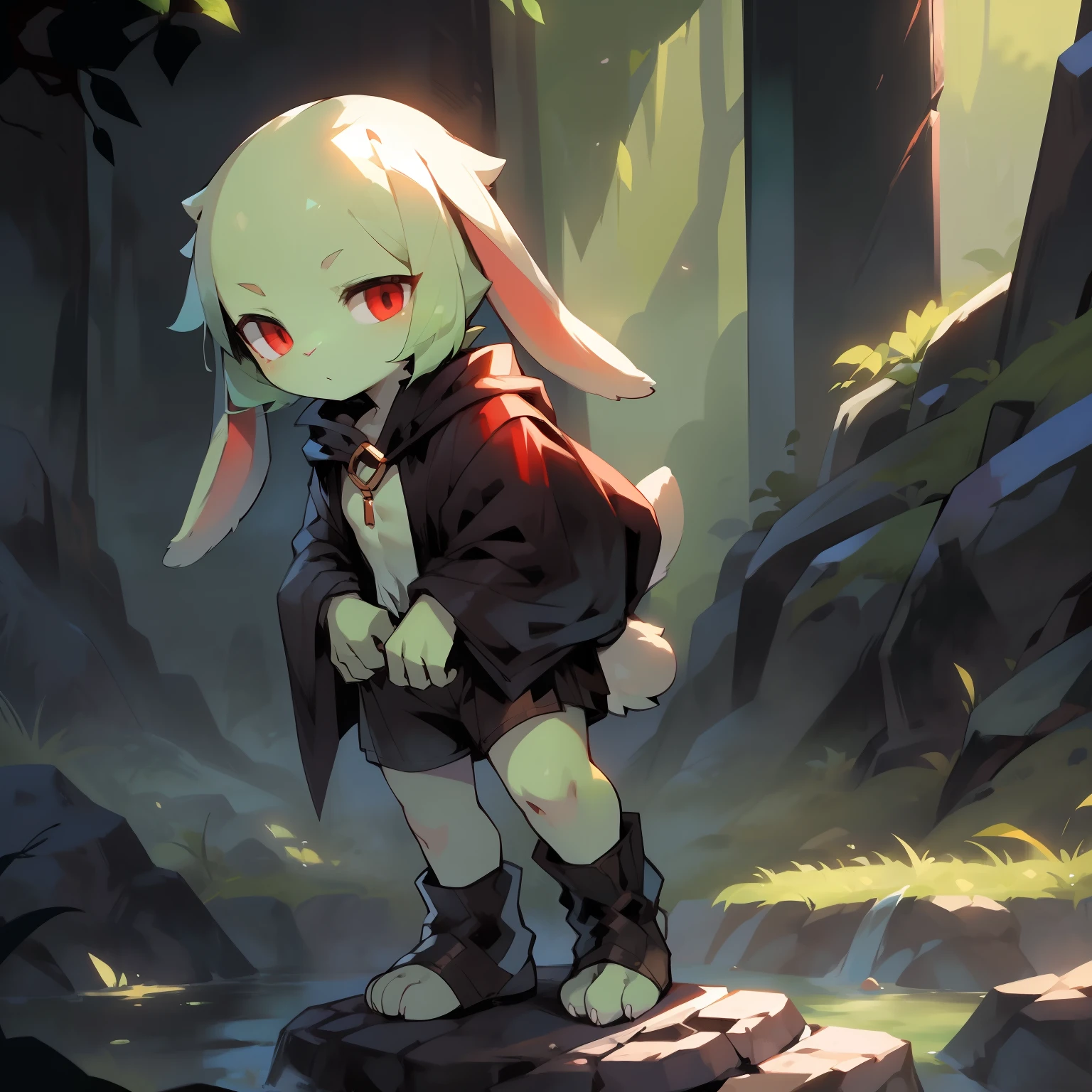 Best quality，Masterpiece，((solo person))，((byself))，a black cloak，Black  shorts，Black socks，Stand on a stone slab，(Short stature)，（bit girl)，((Straight ears))，((The bald head has no ears，rabbit Facial Features，rabbit Body Features))，red eyes，（bunny tail），（White belly），（Pale green body hair，Light green legs），（Rabbit feet），alleys，