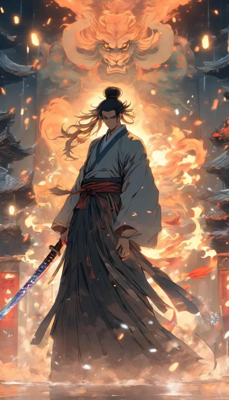 China-style，中景 the scene is，The Taoist priest stood in front of a huge transparent Chinese sword，Stretch your hands，Long messy hair，Glow effects，Hyper-realistic，Ultra photo realsisim，Chinese black and white ink style，Silver，Decolorization，Smudge，ink，8K，super-fine，high qulity，OC renderer