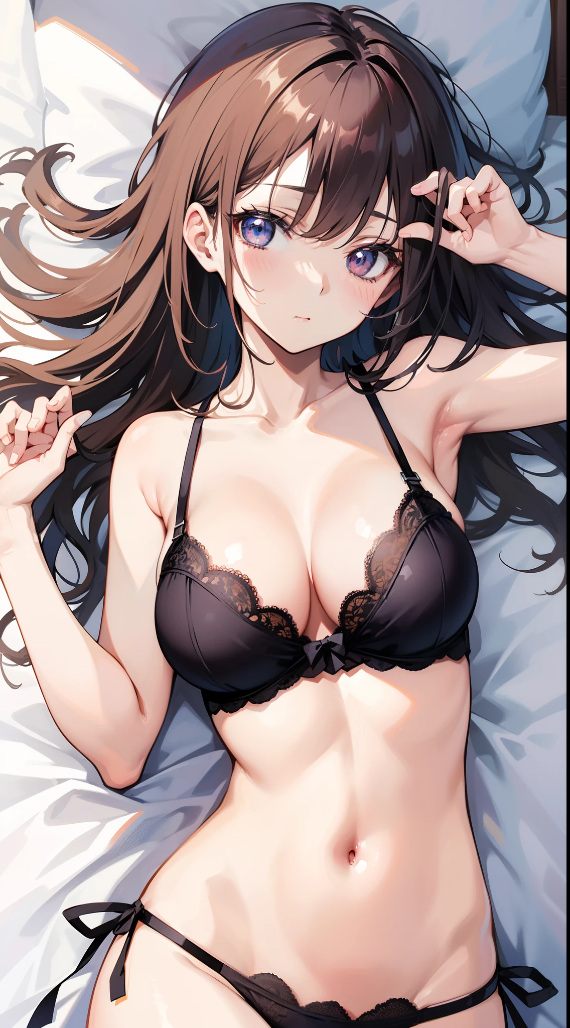 masutepiece、hight resolution、1girl in、in one's underwear only、Lingerie in bright colors、large full breasts、Lying on your back in bed、Cute anime illustration、