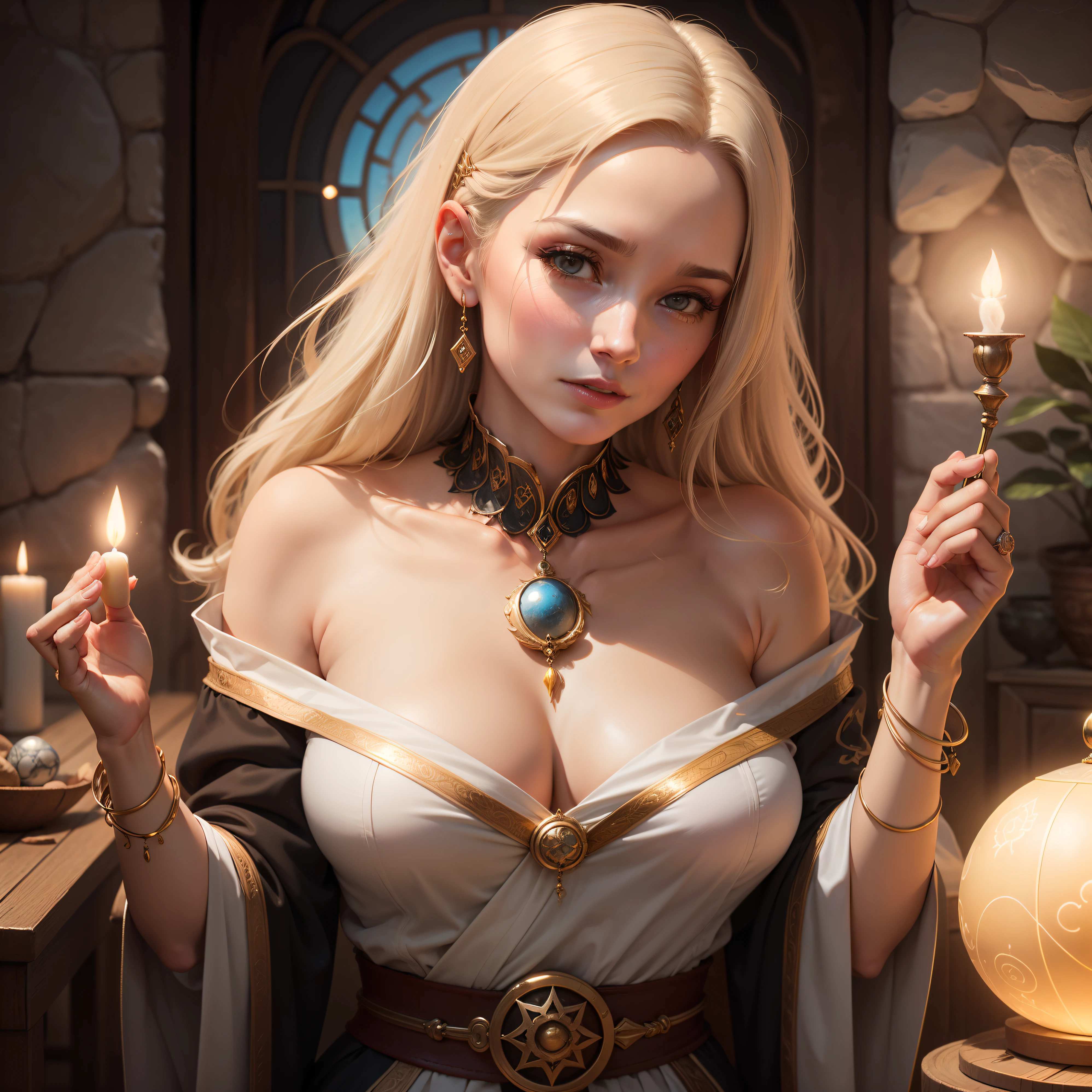 "Please create an illustration of a woman in her forties. She should have a serene and wise expression on her face, radiating a sense of warmth and empathy. Surround her with the same elements mentioned before, like divination tools such as tarot cards and a crystal ball, all bathed in a soothing, spiritual glow. The woman's face should be the focal point, conveying her readiness to listen, guide, and provide solutions for those seeking her wisdom."