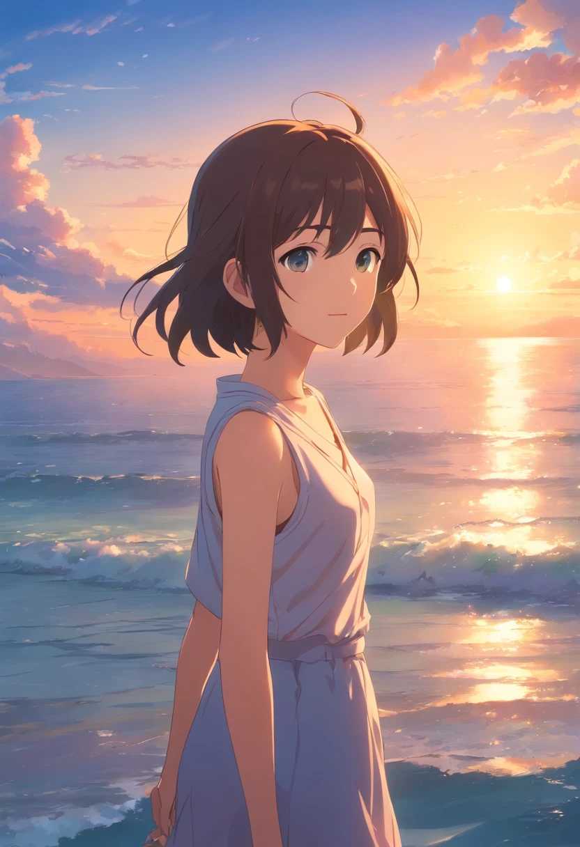 tmasterpiece,best qualtiy,cinematic Film still from,beachside,Floating in the sky,closeup cleavage,brightly,cheerfulness,Warm and soft lighting,the sunset,(spark of light:0.7)