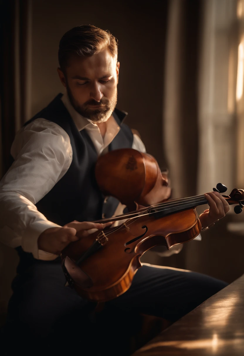 (best quality,4k,8k,highres,masterpiece:1.2),ultra-detailed,(realistic,photorealistic,photo-realistic:1.37),detailed dark room,sun rays through window,lonely man playing violin,expressive eyes,focused face,dramatic lighting,artistic rendering,vivid colors,detailed wood texture,dynamic shadows,airy atmosphere,emotionally charged,soft and warm color tones,focus on contours,fine details of violin strings,musical passion,beautifully textured wallpaper,romantic ambiance,subtle dust particles in the air,valuable antique violin,detailed facial expression,moving masterpiece