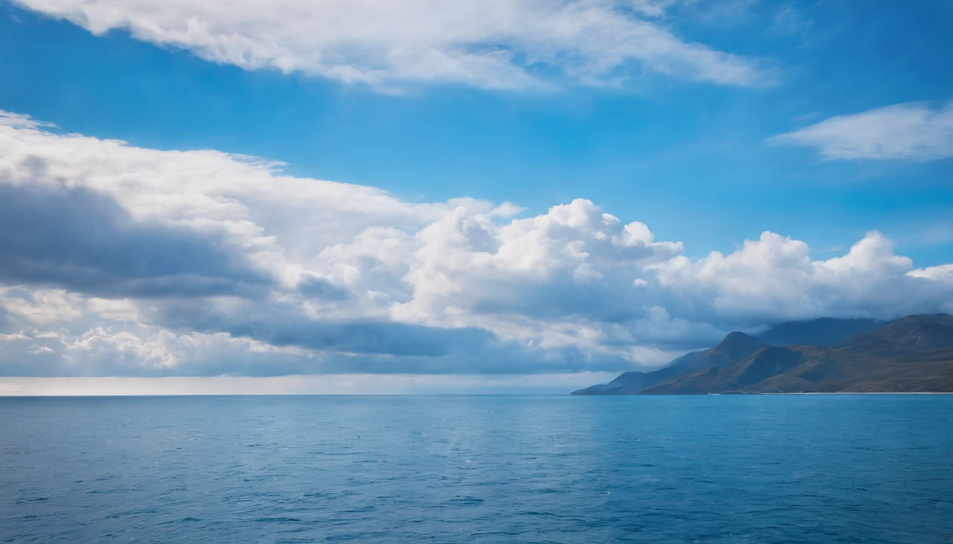 blue ocean, cielo con nubes, horizonte hermoso, colores vibrantes, high resolusion,