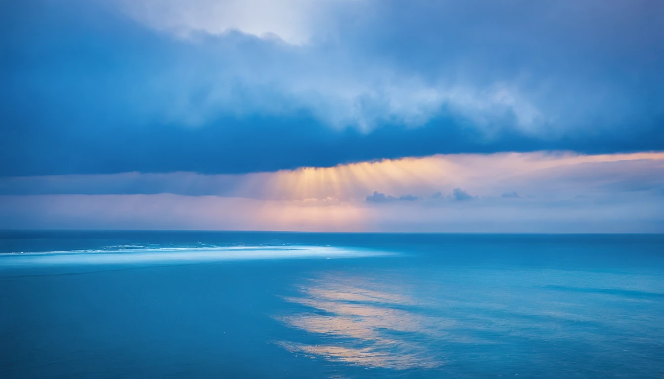 blue ocean, cielo con nubes, horizonte hermoso, colores vibrantes, high resolusion,