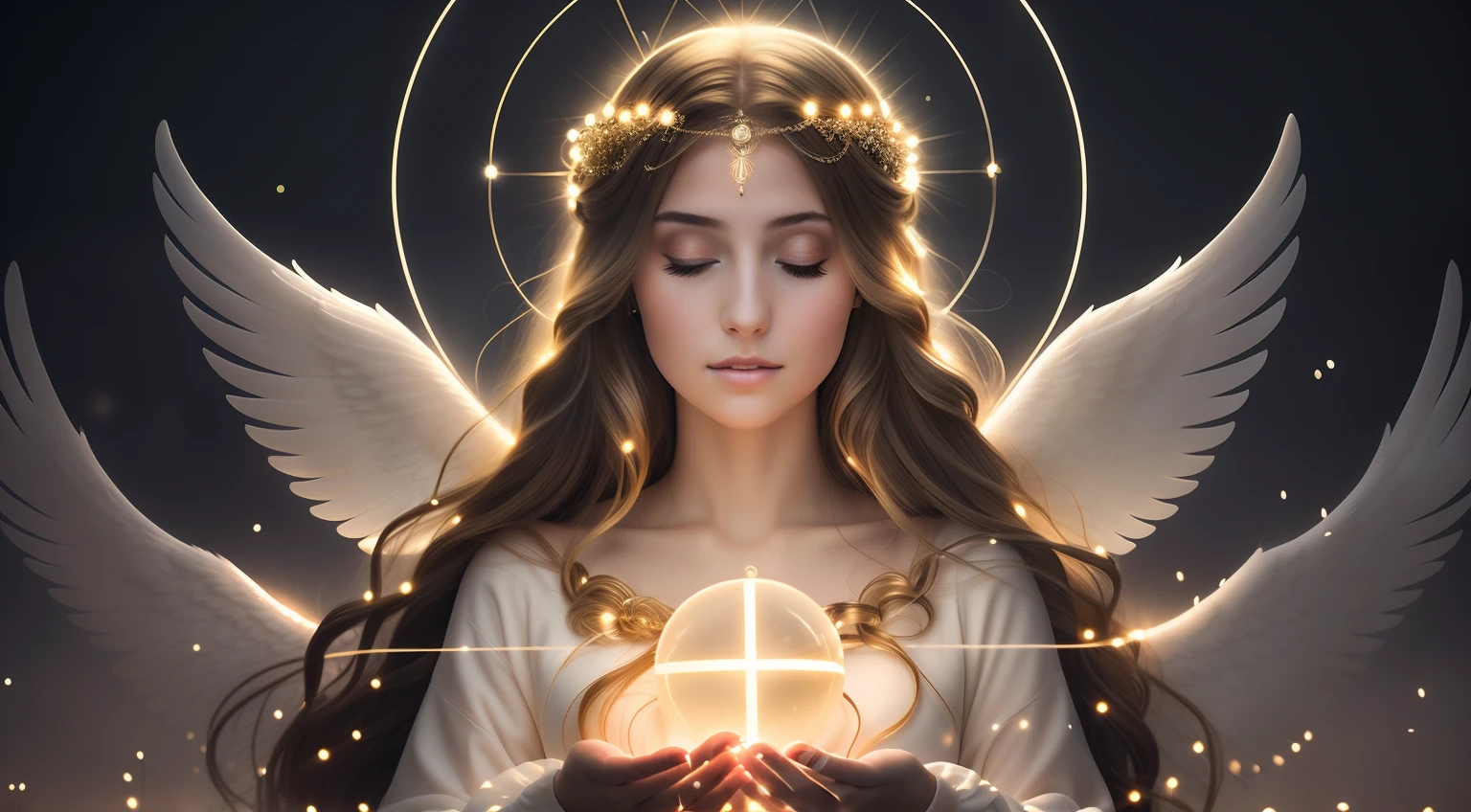 a woman with long hair holding a glowing ball in her hands, angelic light, glowing angelic being, ethereal angelic being of light, angelic halo, an angel of the dawn light, of an beautiful angel girl, of beautiful angel, portrait of a beautiful angel, neoartcore and charlie bowater, goddess of light, angelic, angelic purity, angelical, beautiful angel