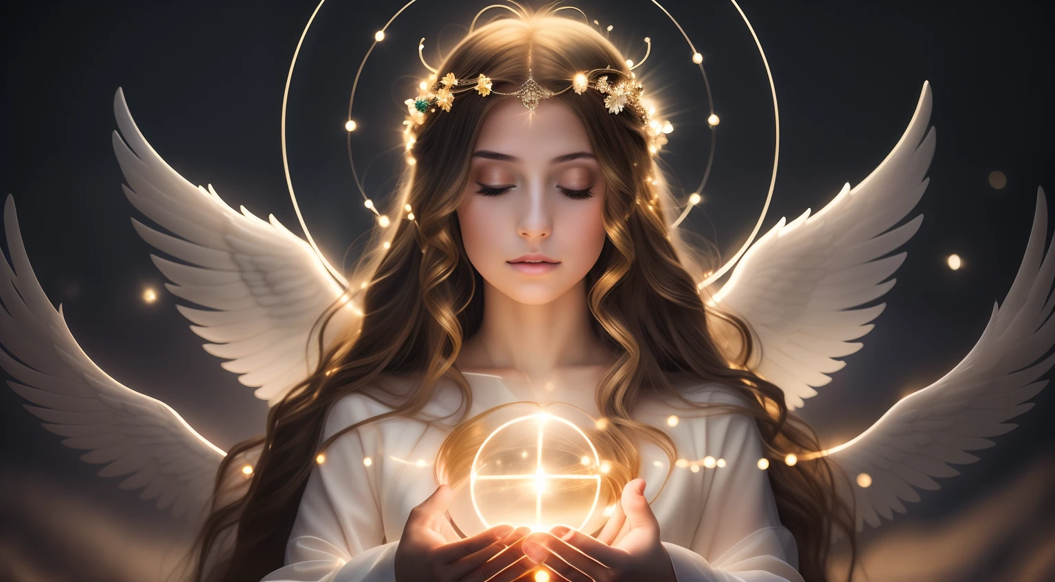 a woman with long hair holding a glowing ball in her hands, angelic light, glowing angelic being, ethereal angelic being of light, angelic halo, an angel of the dawn light, of an beautiful angel girl, of beautiful angel, portrait of a beautiful angel, neoartcore and charlie bowater, goddess of light, angelic, angelic purity, angelical, beautiful angel