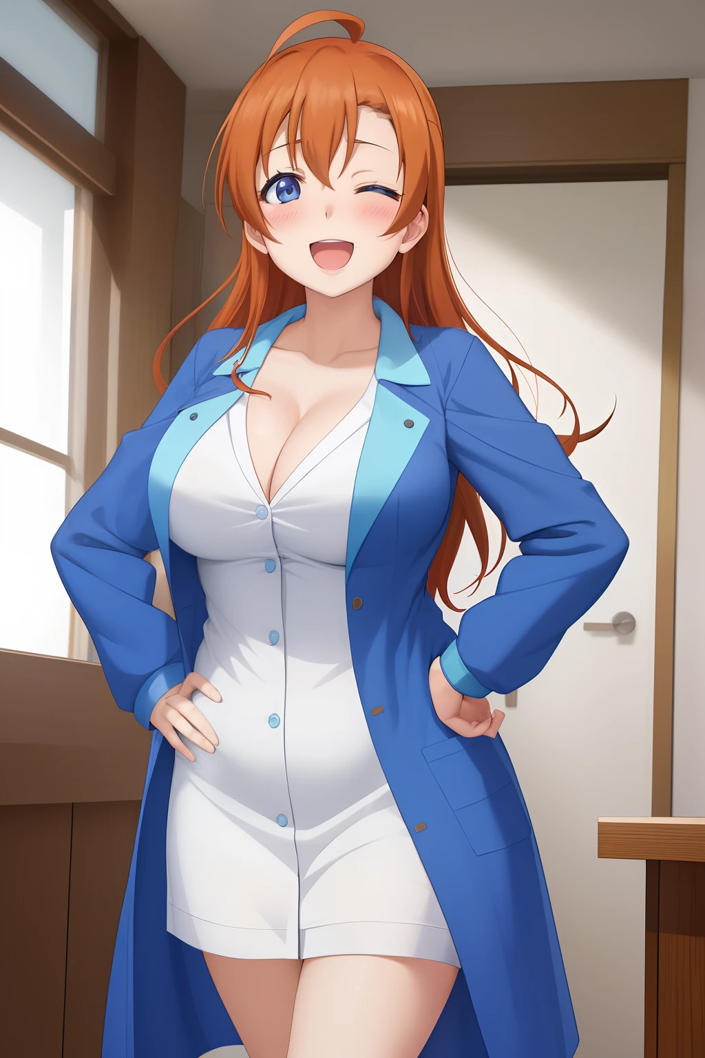 Kousaka honoka, blue eyes, blue short bodycon dress, white lab coat, (big breasts:0.9),(cleavage), facing viewer, embarrassed, smile, Blushing, ahoge, standing, indoors, hands on hips, open mouth,one eye closed