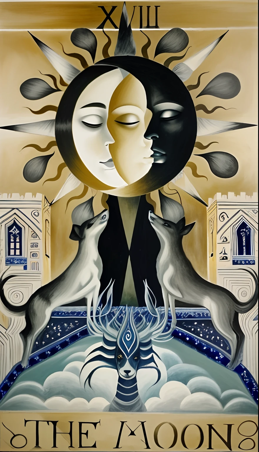 Painting of a woman and two dogs in front of a moon, inspirado em Leonora Carrington, Directed by: Helen Biggar, Estilo de Leonora Carrington, Directed by: Ursula Edgcumbe, Directed by: John Moonan, Directed by: Adrienn Henczné Deák, Directed by: Helen Edwards, por Ursula Wood, Goddess of the Hunt and the Moon, Directed by: Zsuzsa Máthé
