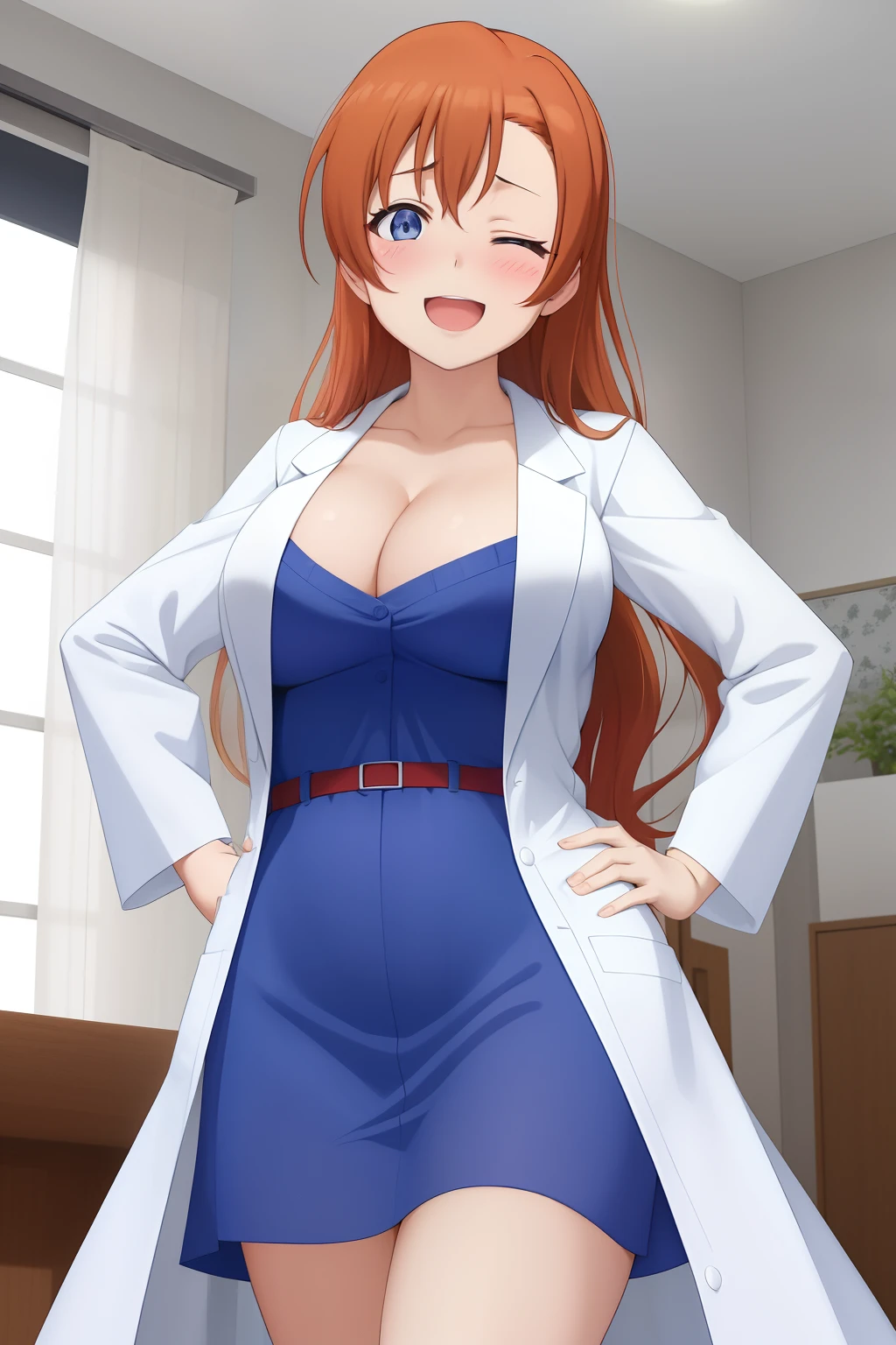 Kousaka honoka, blue eyes, blue short bodycon dress, white lab coat, (big breasts:0.9),(cleavage),  facing viewer, embarrassed, smile, Blushing, ahoge, standing, indoors, hands on hips, open mouth,one eye closed