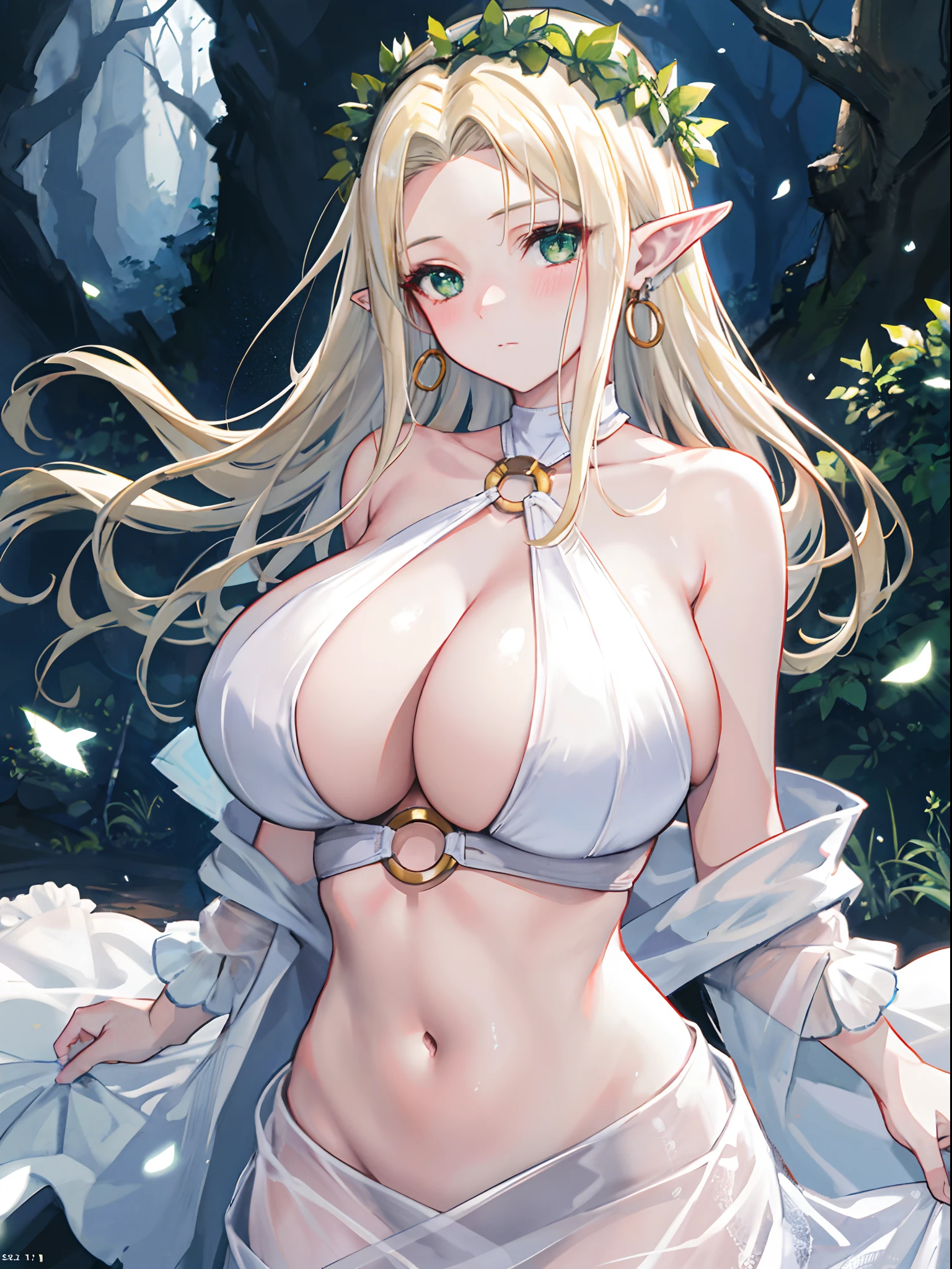 1girl, bare shoulders, blonde hair, blush, breasts, circlet, cleavage, closed mouth, dress, elf, green eyes, head wreath, huge breasts, bare belly, navel, laurel crown, long hair, looking at viewer, o-ring, o-ring top, pointy ears, Non NSFW,forest,high resolution, extremely detailed photography, hyper realistic, professional lighting, octane render, portrait, detailed bust, abandoned scene, 8k, masterpiece, best quality, award winning, by kishin shinoyama. solo, upper body, white dress, celestine lucullus, realisic, (shiny skin), (masterpiece:1.4), (best quality:1.4)