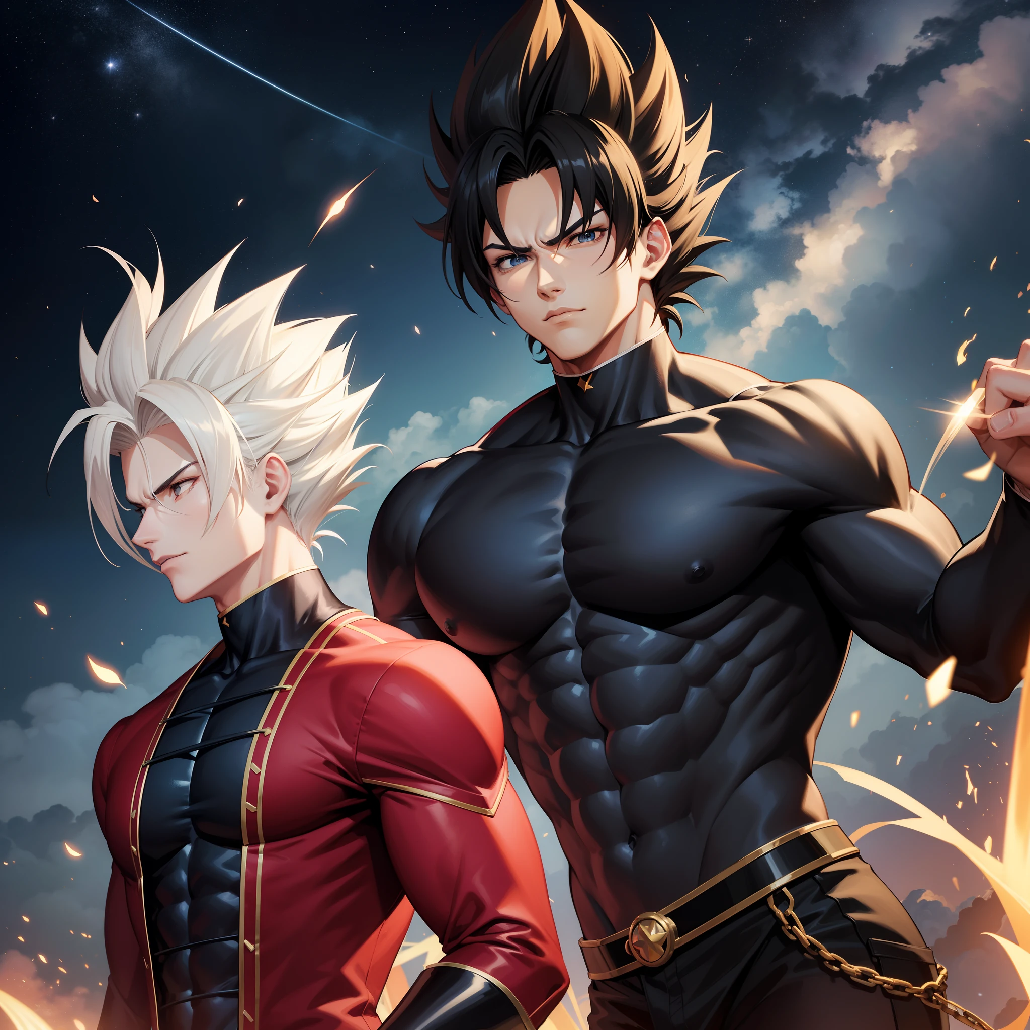 Homem, super Saiyajin, cabelos negros, aura vermelha, raios em volta dele, forte, floresta a noite, noite estrelada