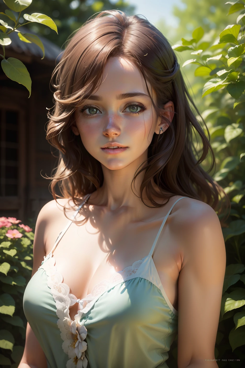 (best quality,4k,8k,highres,masterpiece:1.2),ultra-detailed,(realistic,photorealistic,photo-realistic:1.37),portrait,painting,soft colors,beautiful detailed eyes,beautiful detailed lips,a girl in a garden,summer dress,fair skin,longb brown hair,joyful expression,natural light,blurred background,vibrant flowers,butterflies,peaceful atmosphere,delicate brushstrokes,subtle shading,romantic scene,lush greenery,whimsical elements,fine art quality.