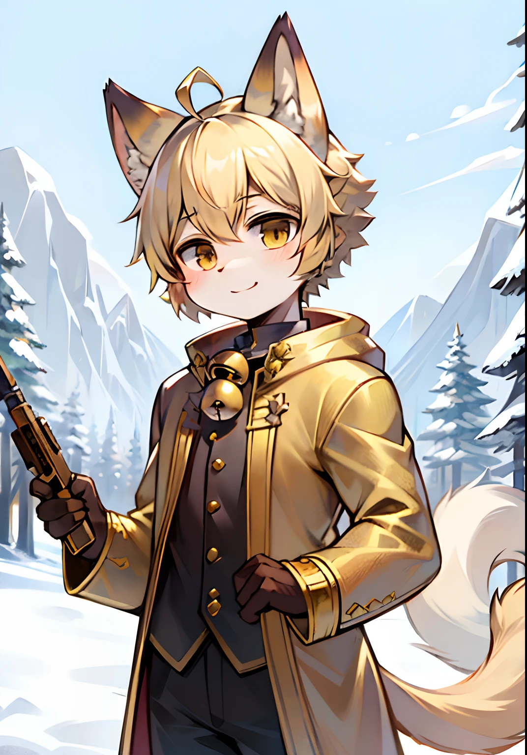 In the daytime,snowfield,shotgun,short detailed hair,blond hairbl,ahoge,Bell,Gamine,hairy pubic,Cat ears,ssmile,No spots,Cubs,There were blonde hairs everywhere,There are golden furs everywhere,Cat ears,Cat type,Big fluffy tail,tmasterpiece,High-quality portraits,human - shaped,Cubs,sbeard,Hunter Boy,ventania,Gold coat,Gold trousers,Super cute face,1024x1024
