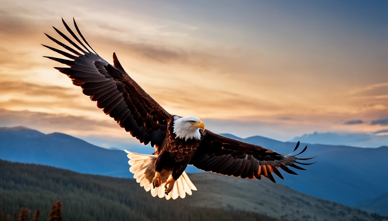 Generate an ultra-realistic, photographic 8k image of a beautiful bald eagle, meticulously detailed, soaring through a stunning blue sky.