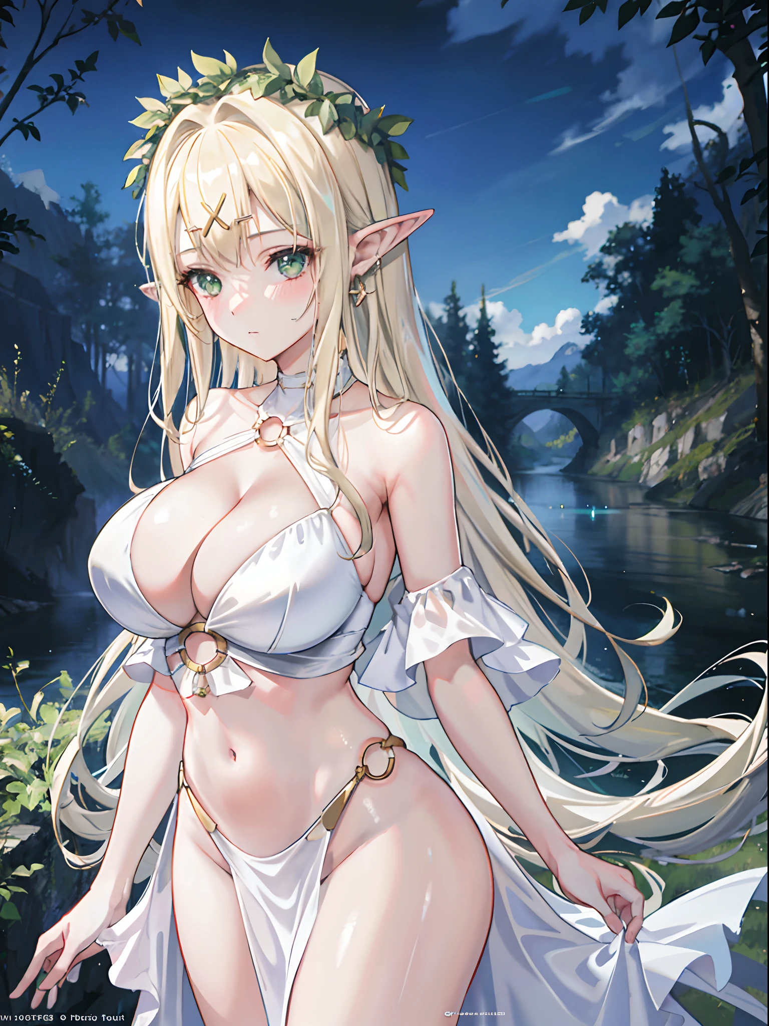 1girl, bare shoulders, blonde hair, blush, breasts, circlet, cleavage, closed mouth, dress, elf, green eyes, head wreath, huge breasts, bare belly, navel, laurel crown, long hair, looking at viewer, o-ring, o-ring top, pointy ears, Non NSFW，forest，high resolution, extremely detailed photography, hyper realistic, professional lighting, octane render, portrait, detailed bust, abandoned scene, 8k, masterpiece, best quality, award winning, by kishin shinoyama. solo, upper body, white dress, celestine lucullus, realisic, (shiny skin), (masterpiece:1.4), (best quality:1.4)