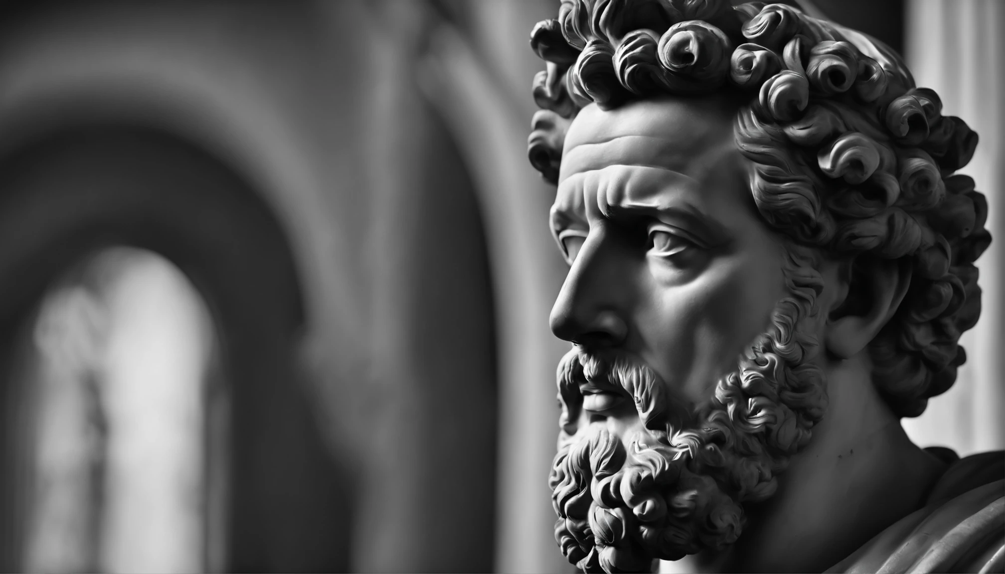 a portrait statue of the stoic Marcus Aurelius in black and white 4K,Face de lado, papel de parede super realista