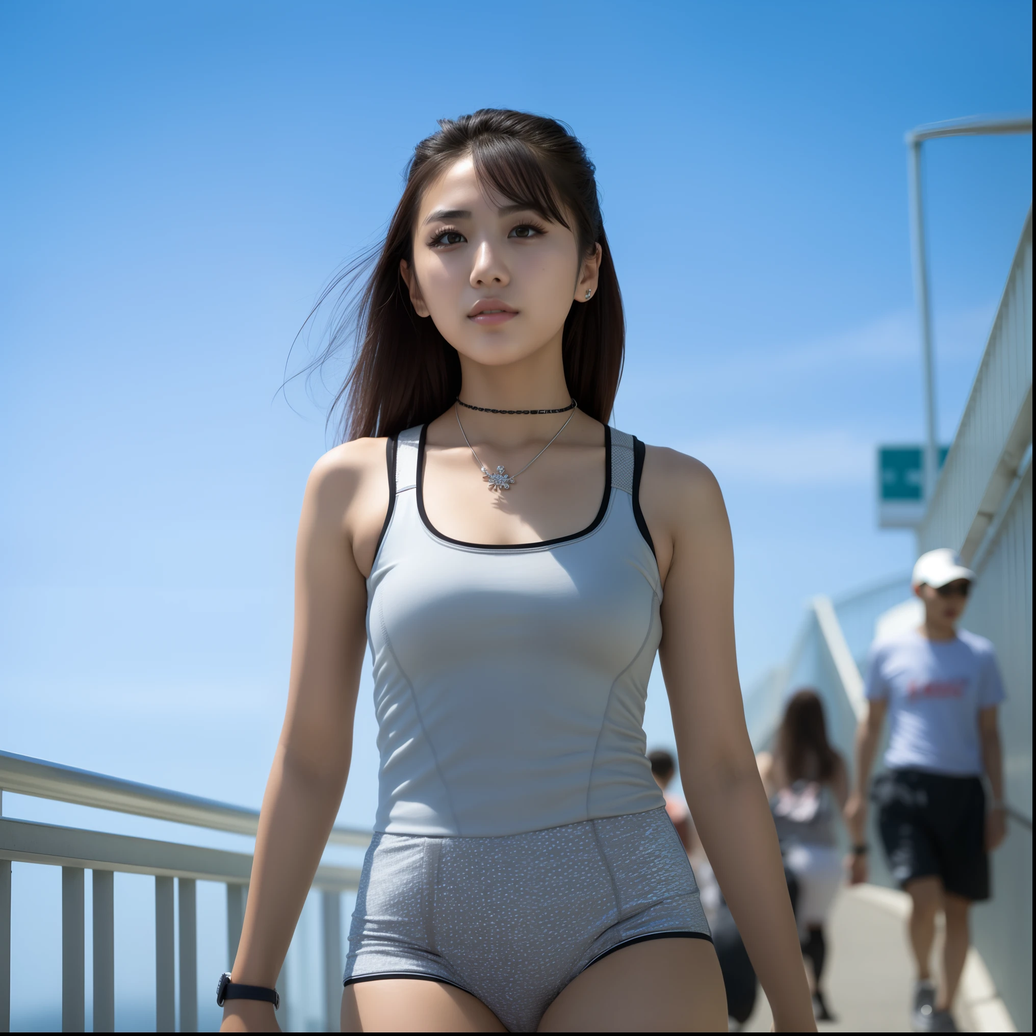 Woman in gray top and black shorts walking on bridge, cute girl wearing a tank suit, Gorgeous young Korean woman, beautiful Korean women, Beautiful young Korean woman, Korean Girl, Korean Woman, shot at Canon 50mm f/1.2, Beautiful Asian Girl, wearing leotard, photo of slim girl model, wearing a swimming wear