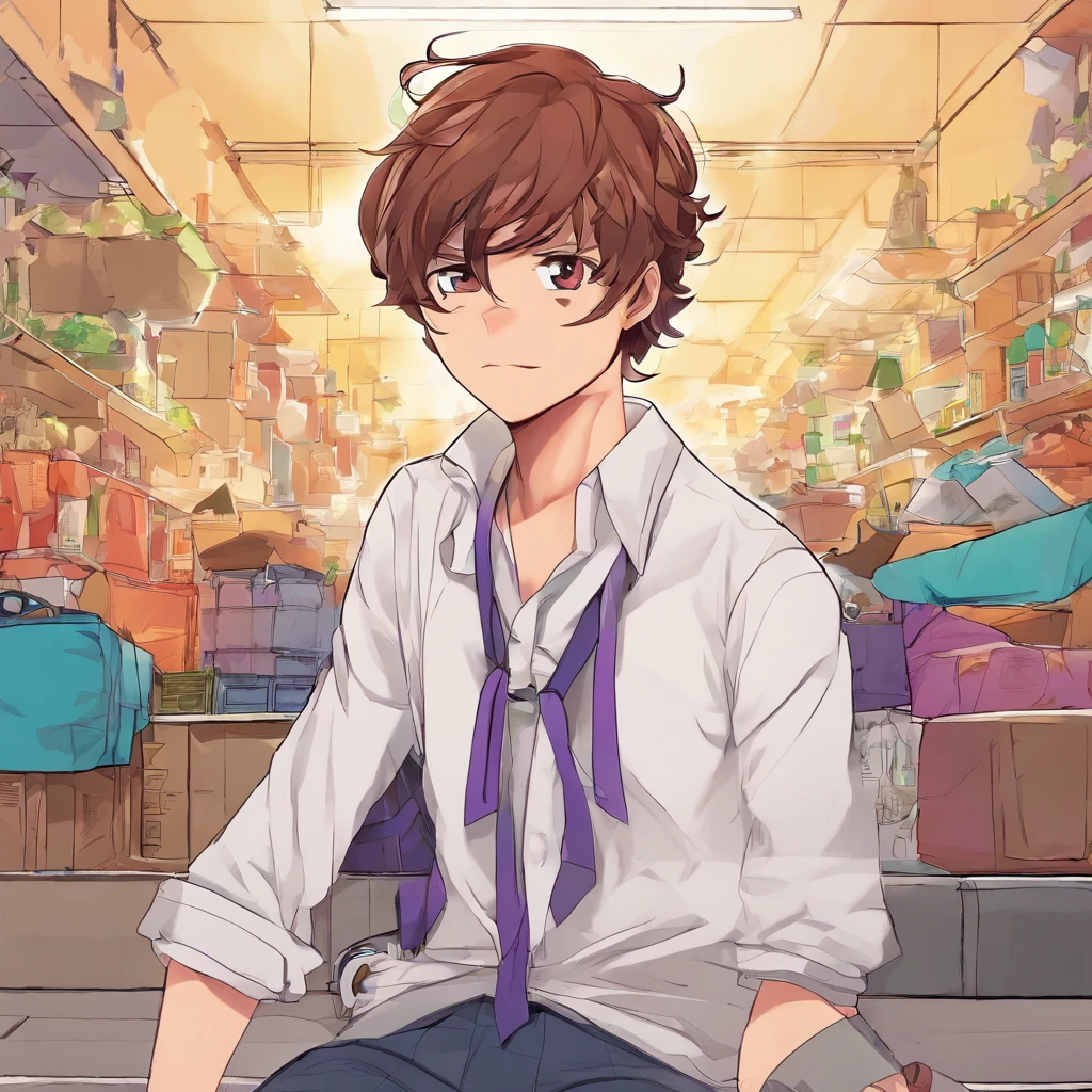 virtual_youtuber, 1 boy， Male_Focus, Solo, brown_Hair, tiese, purple_Eyes, Simple, brown_Footwear, full_Body, straight-on, Looking_at_peeping at the viewer, Pants, White collared shirt, Hair_between_Eyes, (Very detailed eyes:1.5)，White background