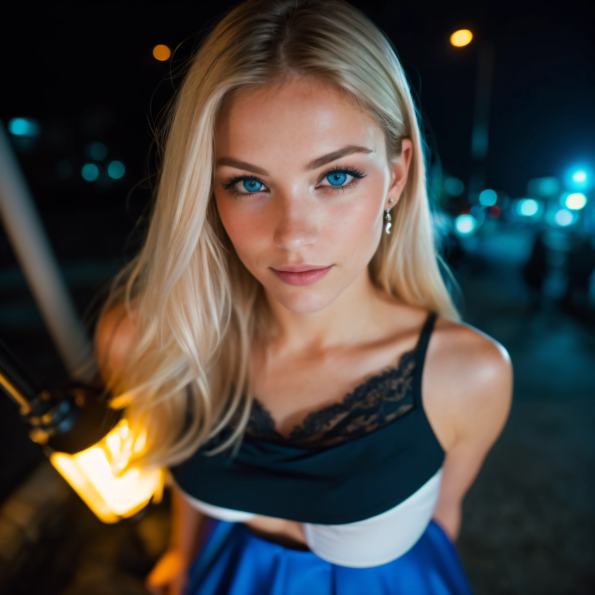 (Selfie, Vue de dessus: 1.4), (Right half of the body: 1.4), RAW UHD portrait photo of a 24-year-old blonde (Femme aux yeux bleus) marcher dans une ruelle sombre, gros seins,, Ville la nuit, (jupe), (neckline), specifics (Textures! , cheveux! , Briller, Couleur!! , disadvantages: 1.1), Bright eyes with lots of detail (looking at the camera), SLR lighting, Reflex, Ultra-quality, re sharpness, profondeur de champ, grain du film (centre), Fujifilm XT3, Limpide, Centre du cadre, beau visage, mise au point nette, street lamp, neon lighting, Bokeh (dimly lit), Nuit, (Ciel nocturne), detailed skin pores, peau grasse, coup de soleil, intricate eye details, corps entier, gros seins