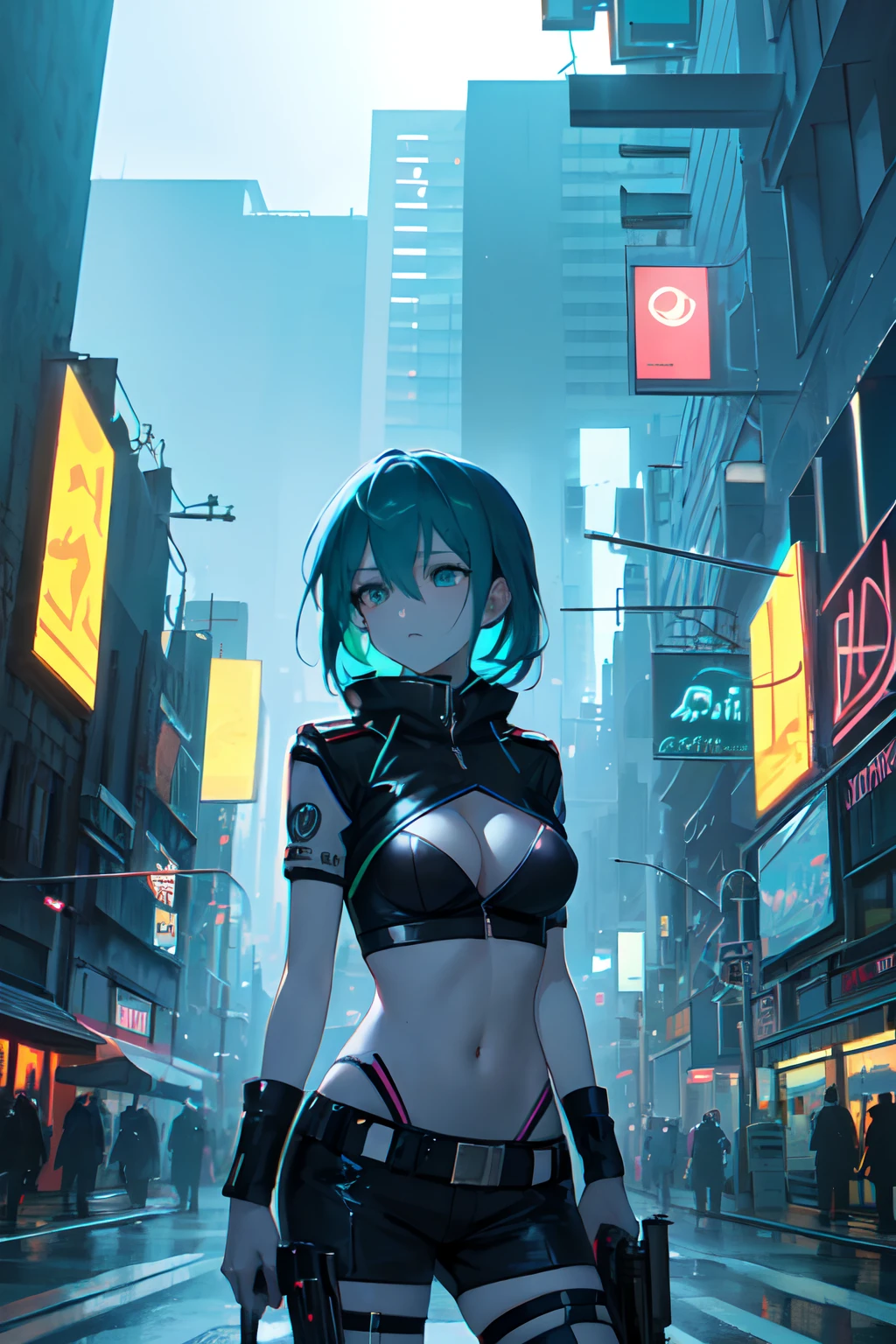anime girl with gun and uniform in the city, oppai cyberpunk, cyberpunk anime girl, female cyberpunk anime girl, mechanized soldier girl, City neon ligths on her, girl on spotligth, almost dark gigure with ligths hiting her body on eyes, breast, hips, very dark ambient, break domain visuals, intense contrast colors, cyan, green, blue palette, cold tones, looking away, very serious attitude, punk attitude, punk body language, ligth particles, polution, grim world, sadness