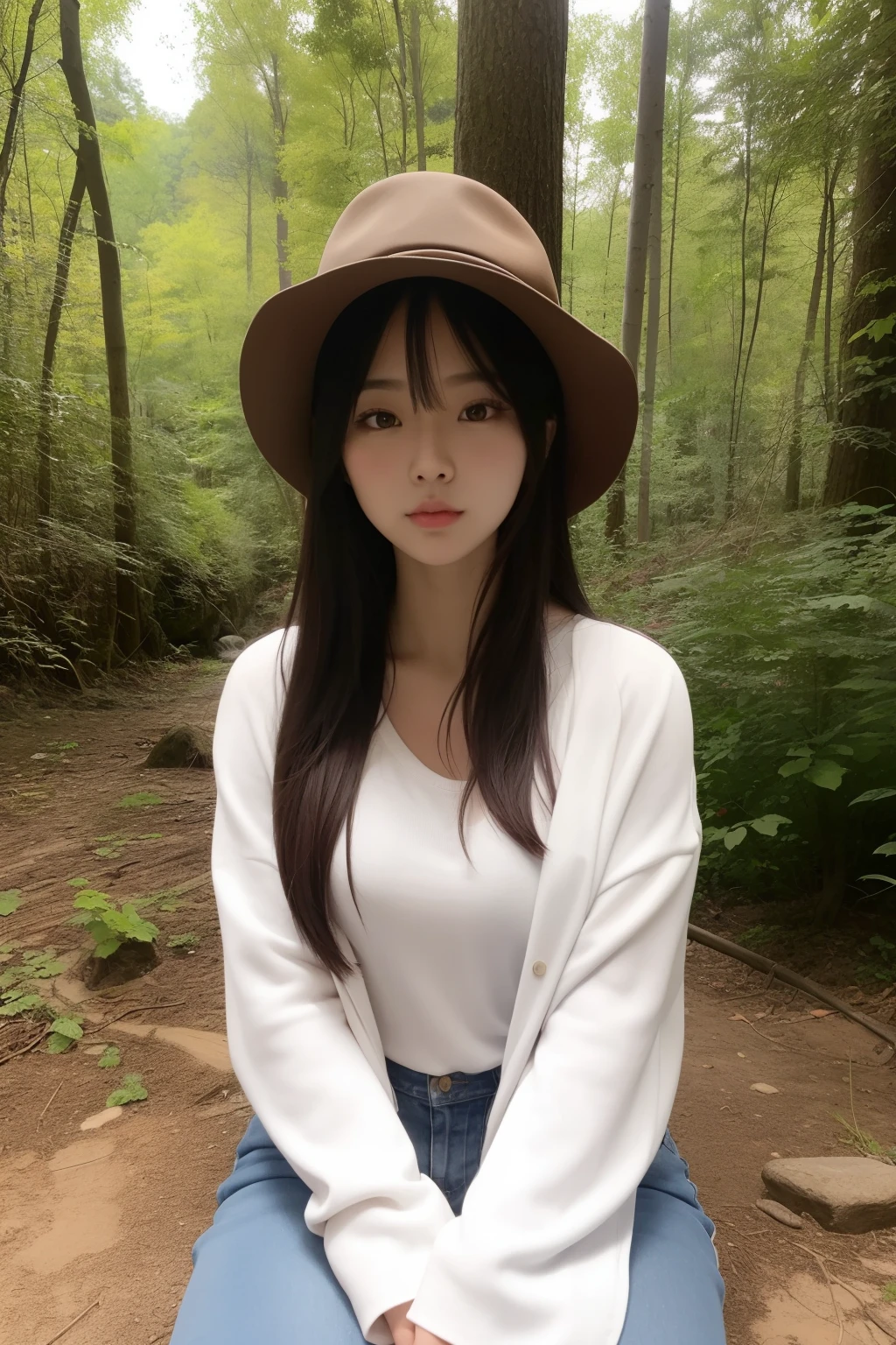 Asian woman sitting in the middle of the woods，Wearing a hat and blue skinny jeans, Open V chest clothes, Gorgeous young Korean woman, Beautiful Asian girl, Sexy girl, beautiful Korean women, young and cute girl, Korean girl, Good young girl, Beautiful young Korean woman, Asian girl, smooth white tight clothes suit, 2 4 year old female model, Attractive girl
