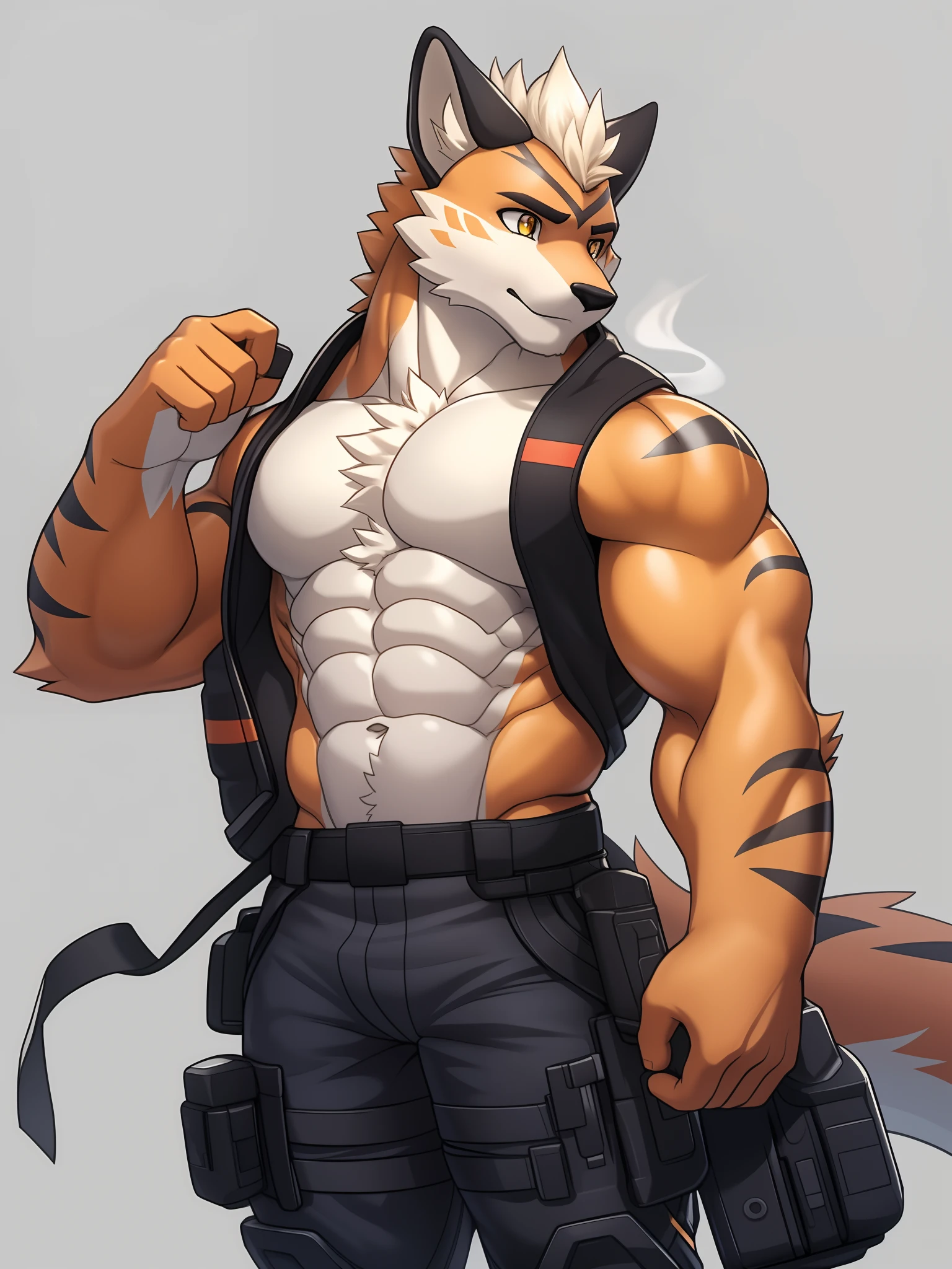 Furry,age uncensored,Strong,Young,light yellow eyes,bareness,nakeness,CG,4K,Beautiful,Orange skin,The individual fills the whole picture,Gray solid background,Q version,quit,White abs, Worn out,Blend in with the background