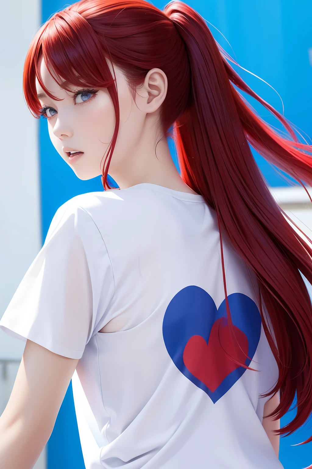 from the front side、Red hair、Long hair、Side tail、bustshot、Hair tied at the side、Princess、White T-shirt、Angry、Yelling、Looking from the front、• Blue heart print at shirt.、Blue heart painting in chest position on clothes