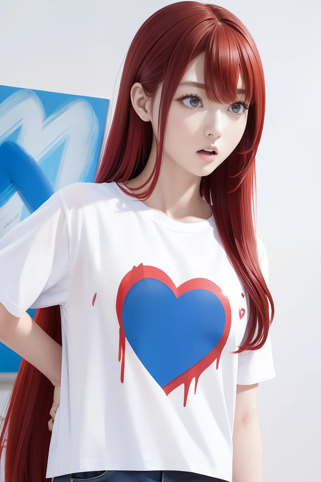 from the front side、Red hair、Long hair、Side tail、bustshot、Hair tied at the side、Princess、White T-shirt、Angry、Yelling、Looking from the front、• Blue heart print at shirt.、Blue heart painting in chest position on clothes