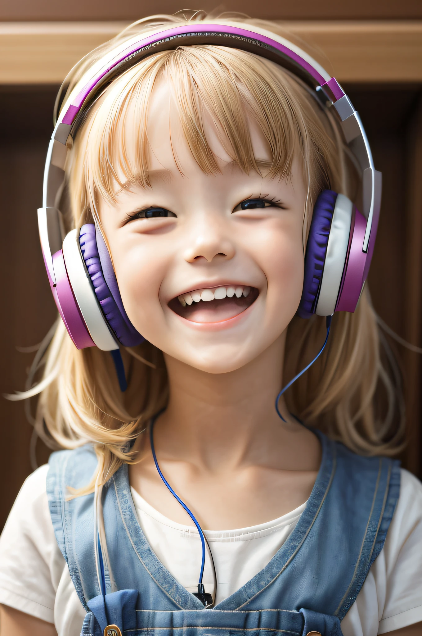 Foreigners wearing headphones study Laughing cute little bule a blond