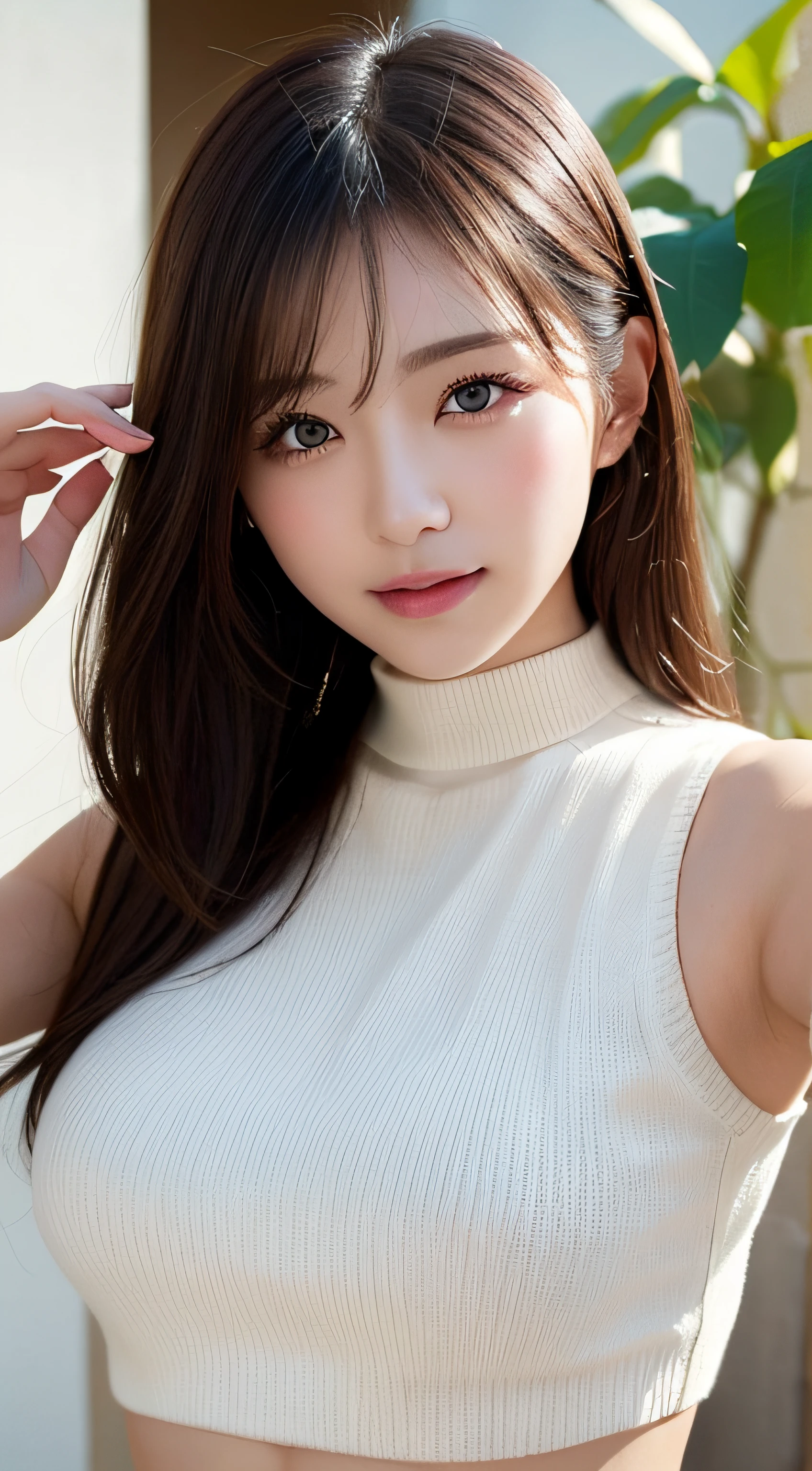 masutepiece, Best Quality, Photorealsitic, finely detail, hight resolution, 8K Wallpapers, Perfect dynamic composition, Beautiful detailed eyes, Medium Hair, large full breasts, Random and sexy poses,Bring your chest together、(Very Small Size Mock Neck Crop Tank Top White Knitwear)、(Breast bulge 1.2)、A smile、open open mouth、Resort scenery、23years old、(Drooping eyes 1.4)、 Beauty、japanes