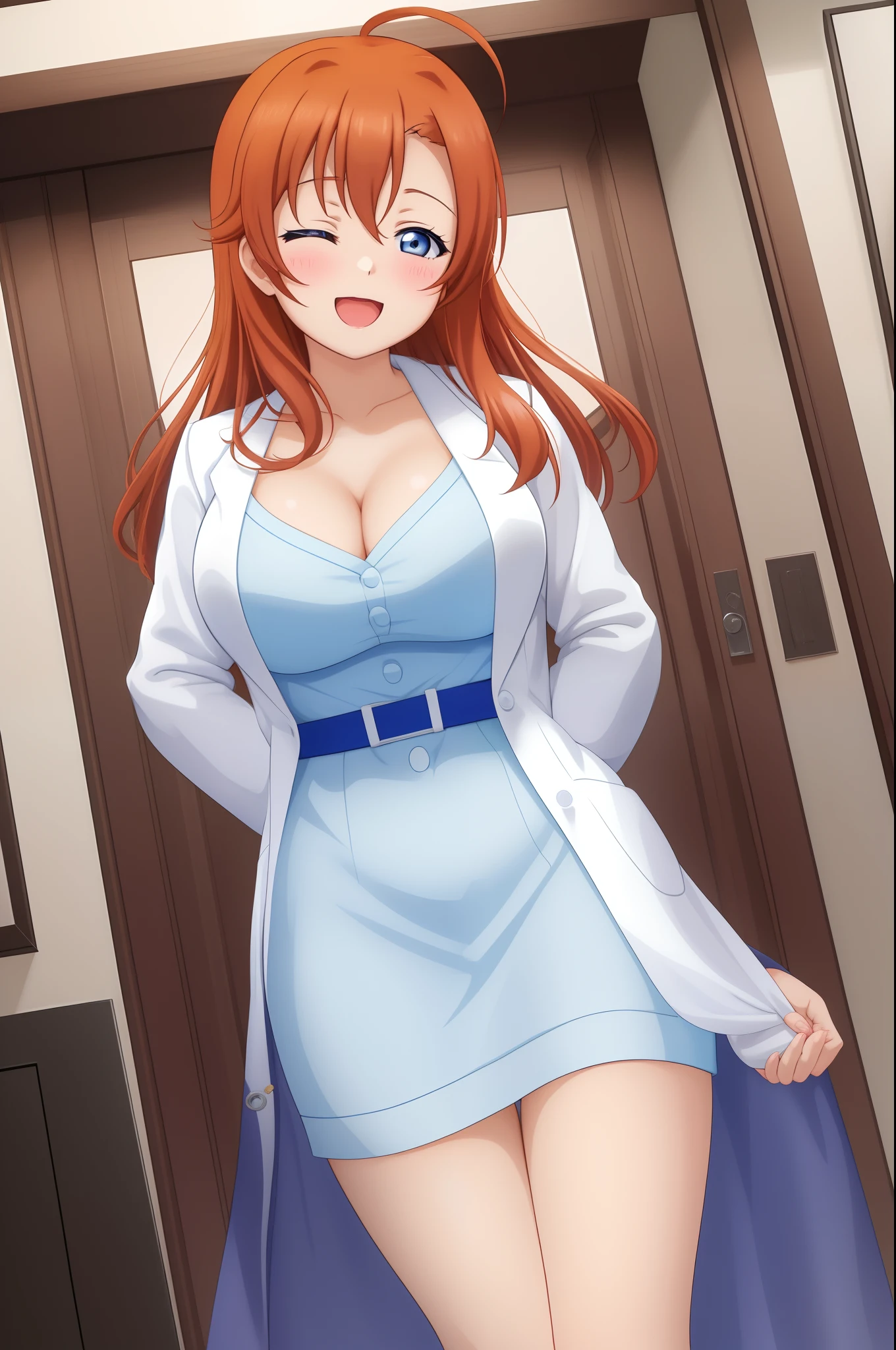Kousaka honoka, blue eyes, blue short bodycon dress, white lab coat, (big breasts:0.9),(cleavage), facing viewer, embarrassed, smile, Blushing, ahoge, standing, indoors, open mouth,one eye closed