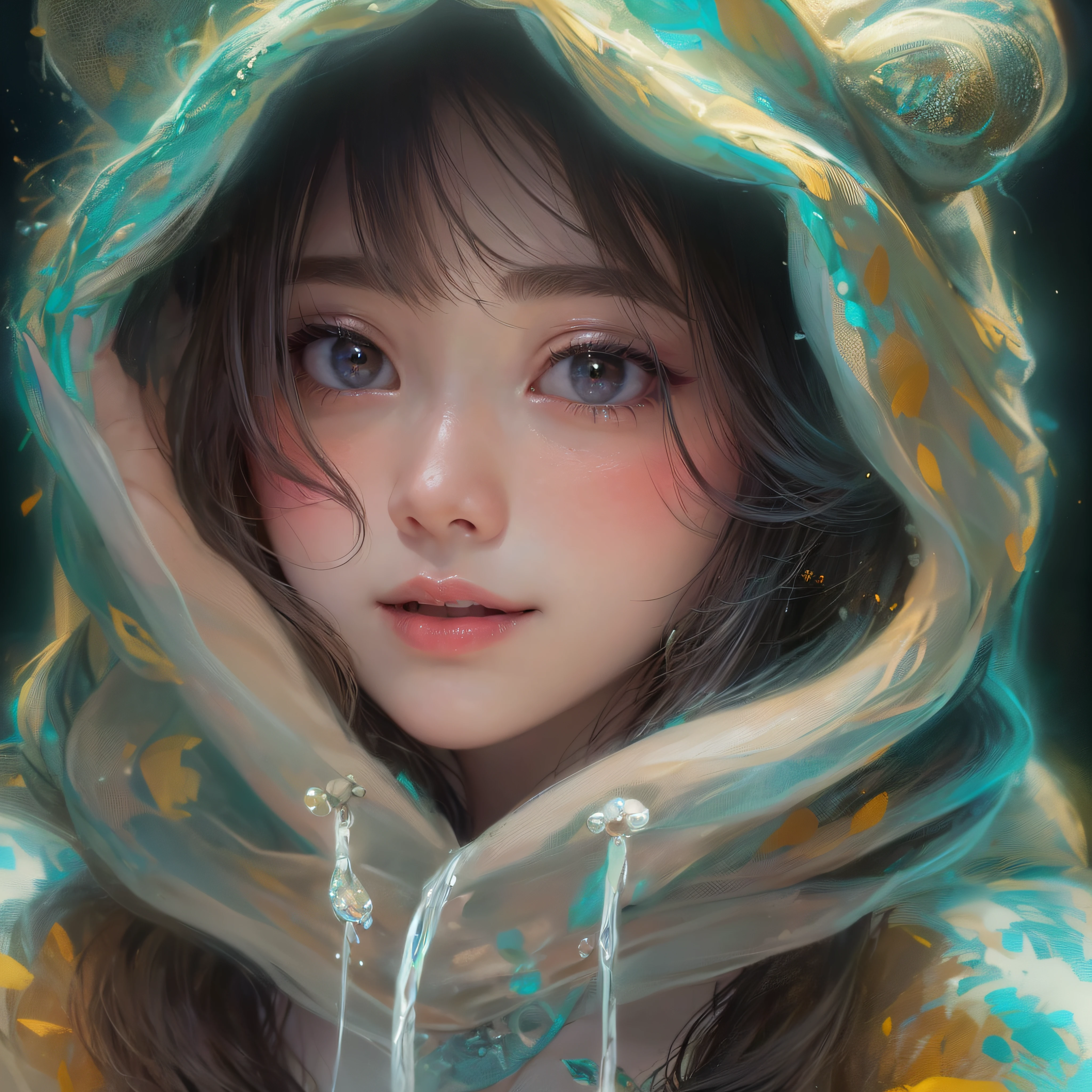 Bear-faced hoodie、Close up of smiling looking up、Facing the front、(masterpiece、realisitic、hight resolution)、(1 girl in):1.2)、Do-Up Eye、Korean Girl、(Best Quality), (masutepiece), (1girl in), Solo, Beautiful Girl, Perfect face, dreamlikeart、Highly detailed airbrush art(((Surreal))、intricate detailes、Volumetric lighting、(masterpiece:1.2)、(top-quality)、The ultra-detailliert、(The composition of the movement:1.4)、Highly detailed colorful details、(Bright lighting、Atmospheric lighting)、Magical、dynamic compositions、Ray traching、The mirror reflects light、Shallow depth of field、ultra-detailliert、mixing exposure、nffsw、
