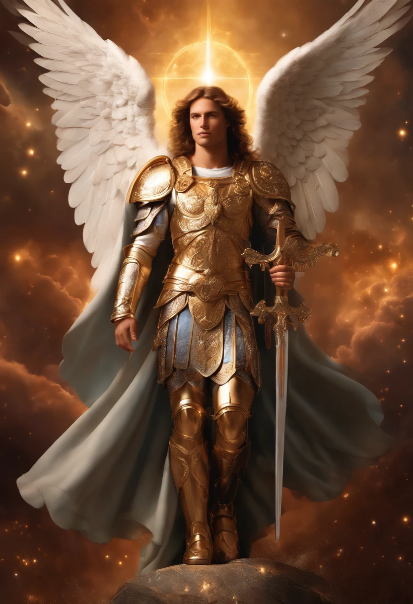 male character, Archangel Michael, Astronomical Imagery, intricate detailes, realist, Rosa and big wings, Angelic background, Catholic illustration image of the Archangel Michael, Male characters in the Bible, Michael wears angel armor, cosmic background, Archangel and background illumination, Full-body image of an angel, Maximum detail and his angelic face and wings, Realistic perfect skin, The highest image quality, Miguel He is highlighted in the image in strong and flashy colors.