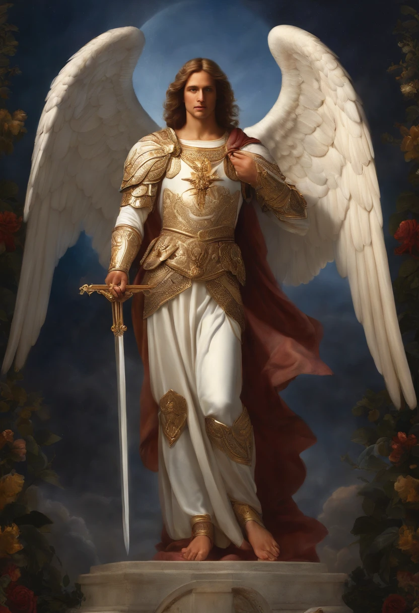 male character, Archangel Michael, Astronomical Imagery, intricate detailes, realist, Rosa and big wings, Angelic background, Catholic illustration image of the Archangel Michael, Male characters in the Bible, Michael wears angel armor, cosmic background, Archangel and background illumination, Full-body image of an angel, Maximum detail and his angelic face and wings, Realistic perfect skin, The highest image quality, Miguel He is highlighted in the image in strong and flashy colors.