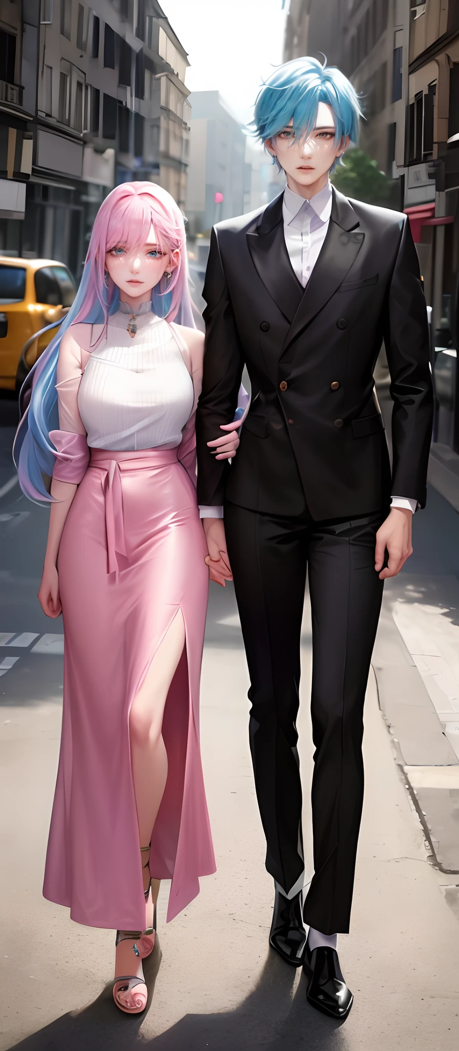 ((Male and female couples)), Idol Photos, Magazine covers, Photos of actors, Professional Photos, Height difference, tall male, Happiness, youthfulness, extra detailed face, detailed punk hair, very detailed character, inspired by Sim Sa-jeong, Cai Xukun's, detailed realistic faces, highly detailed realistic face, high detailed face anime, realistic detailed face, Accurate detailed face, attractive androgynous humanoid, Cool Korean fashion in black and white, ((Man with light blue hair)), ((Woman with pink hair)), ((Woman with long hair below waist)), ((Man with short hair over ears)), ((Pink hair woman with gentle expression)), ((Man with light blue hair with wild expression)), high-level image quality, ​masterpiece, Photographed so that the whole body can be seen, Photographed to make clothes look beautiful, Take your eyes off, ((two individuals)), ((British couple))