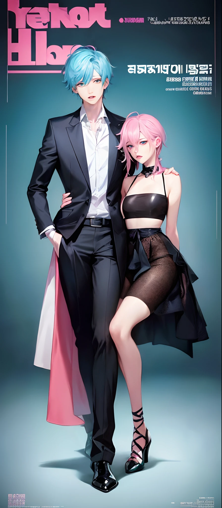((Male and female couples)), Idol Photos, Magazine covers, Photos of actors, Professional Photos, Height difference, tall male, Happiness, youthfulness, extra detailed face, detailed punk hair, very detailed character, inspired by Sim Sa-jeong, Cai Xukun's, detailed realistic faces, highly detailed realistic face, high detailed face anime, realistic detailed face, Accurate detailed face, attractive androgynous humanoid, Cool Korean fashion in black and white, ((Man with light blue hair)), ((Woman with pink hair)), ((Woman with long hair below waist)), ((Man with short hair over ears)), ((Pink hair woman with gentle expression)), ((Man with light blue hair with wild expression)), high-level image quality, masterpiece, Photographed so that the whole body can be seen, Photographed to make clothes look beautiful, Take your eyes off, ((two individuals)), ((British couple))