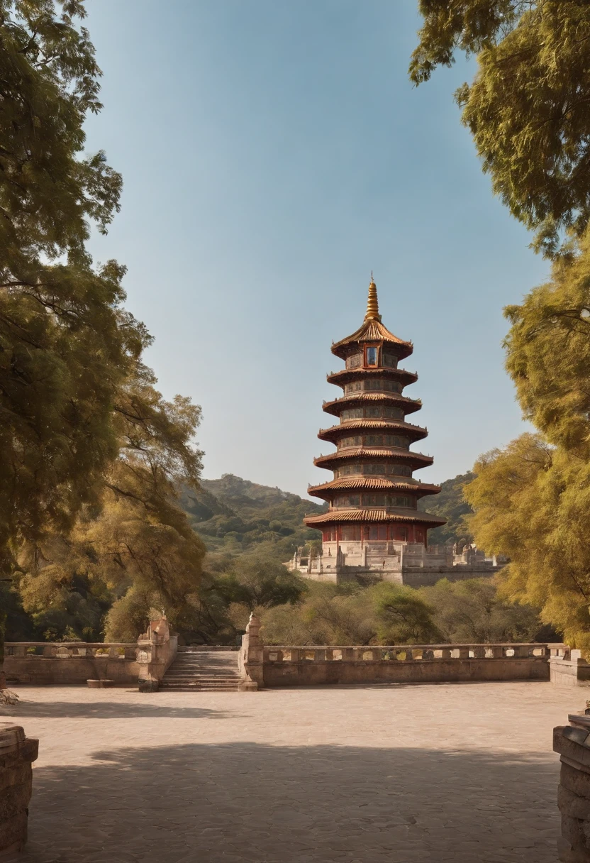 Um grande palacio chines dourado, vista de frente, com torres pagode em volta, janelas de vitrais coloridos, ensolarado, em xangai