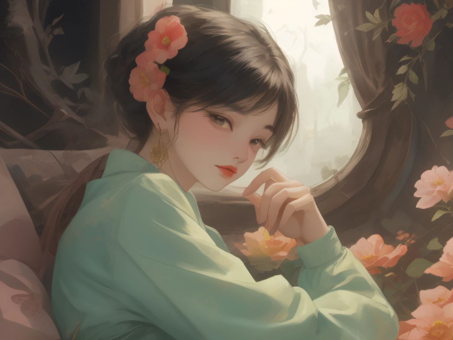 1 flat-chested girl，Close-up of upper body portrait，Thin figure，Black color hair，floated hair，Hazy beauty，Extremely beautiful facial features，Light green embroidered tulle dress，with a hairpin on her head，Lying among the moon-white flowers，Surrounded by flowers，Perfect anatomy，（Skinny figure，flatchest），White flowers，（springtime， Rainy days， terraced， mountain ranges）， Simple vector art， Contemporary Chinese art， the soft light，Overlooking