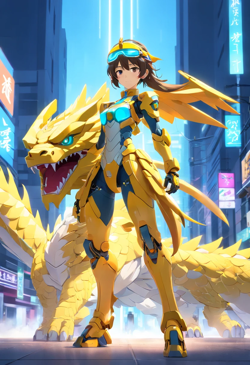 chinesedragon, (Blind box toy style:1.2), (Full body shot), yellow mech, Exquisite helmet:1.2, Luminous goggles:1.2, Cyberpunk, dreamy glow, luminous neon lights, Clean, White background, ( Global illumination, Ray traching, hdr, unreal render,reasonable design, high detal, Masterpiece, Best quality, hyper HD, Cinematic lighting)