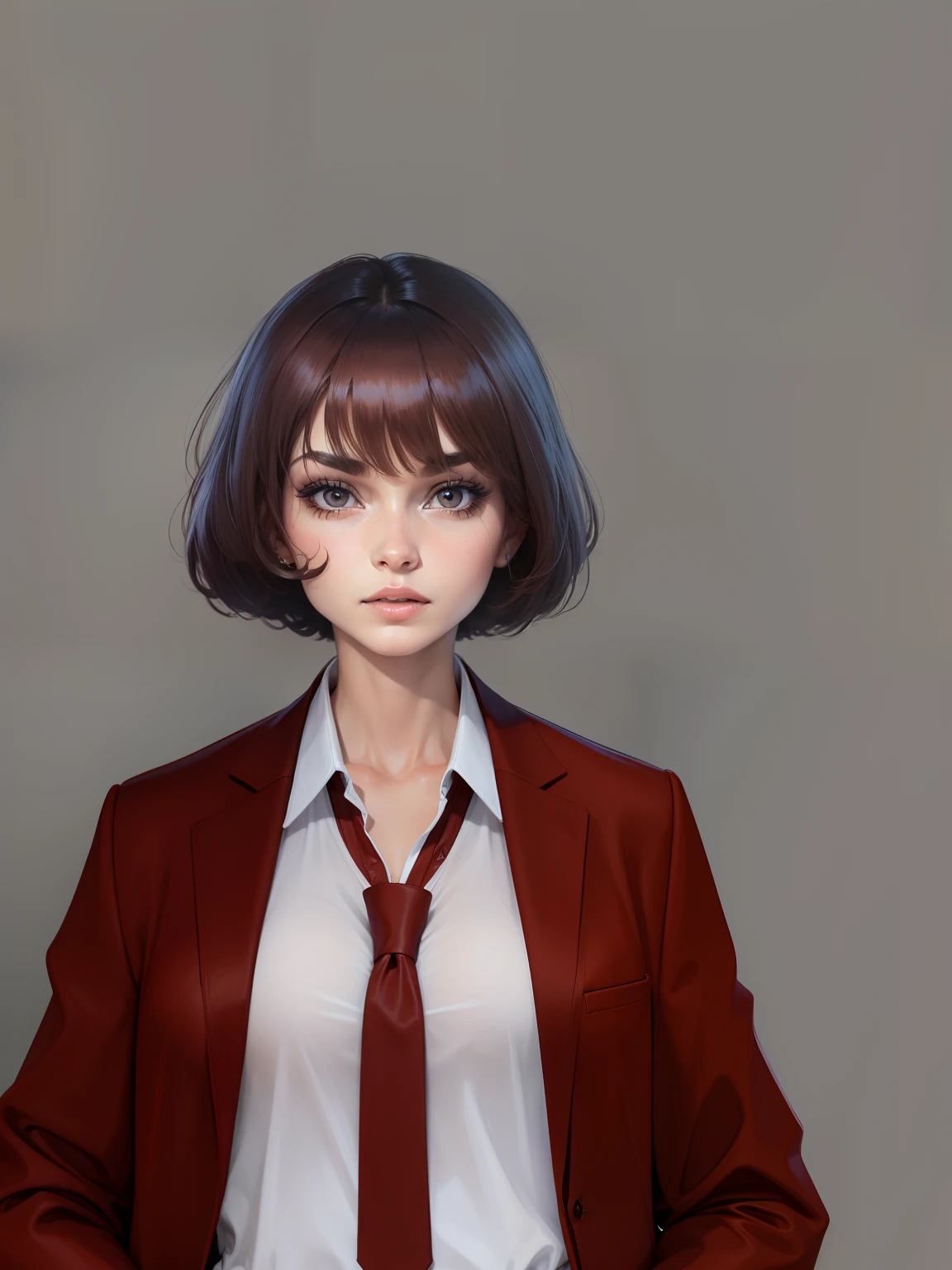 Dawson, mulher, pele clara, olhos arredondados e castanhos, cabelos pretos e curtos, She is wearing a red colored women's suit, tem 24 anos , baixa e magra
