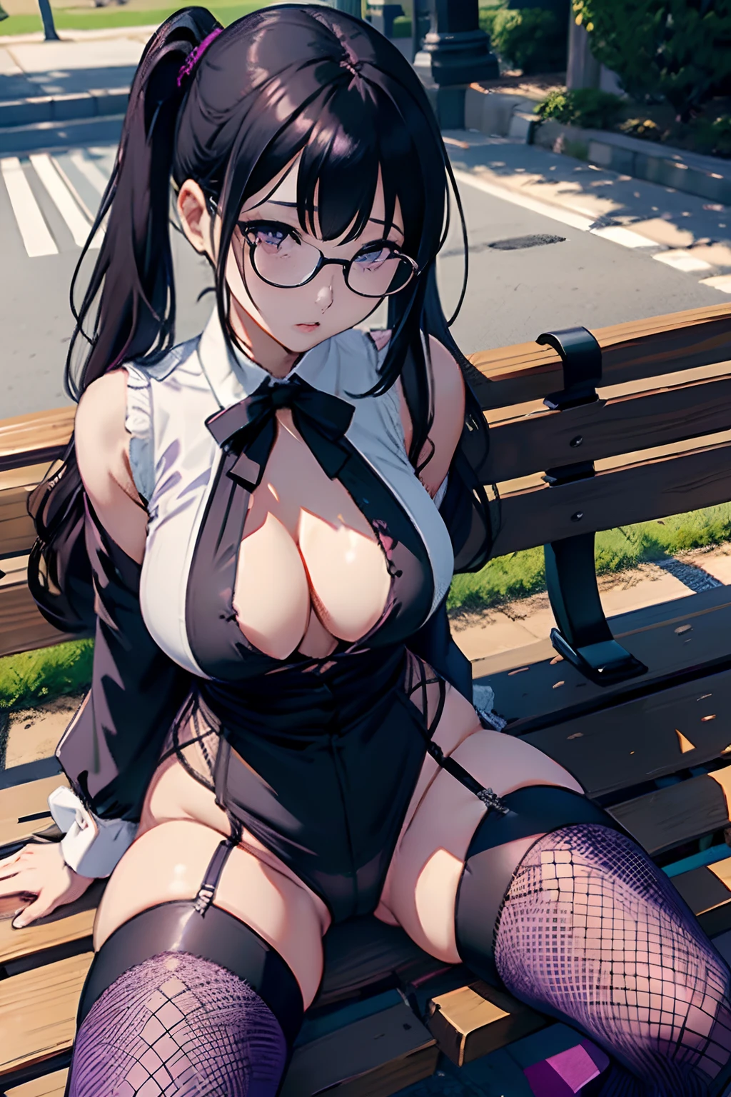 japanes、OL 、A dark-haired long poneyTail、eye glass、wrist watch、Wear black fishnet stockings、lace purple bra、Open white blouse、Black skinny pantsuit、Plaid Black vest、Colossal tits、a park Sitting on a bench、Crotch opening