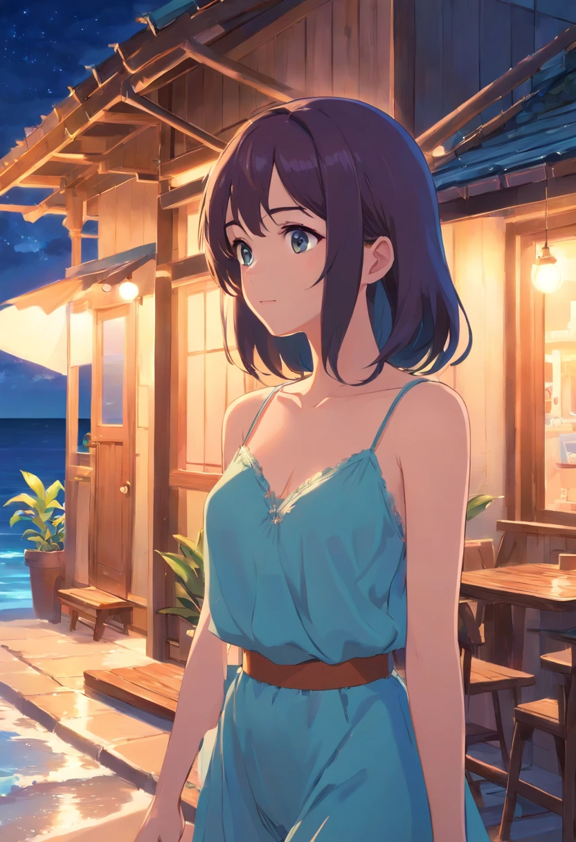 best qualtiy,beachside,closeup cleavage,small houses,the night