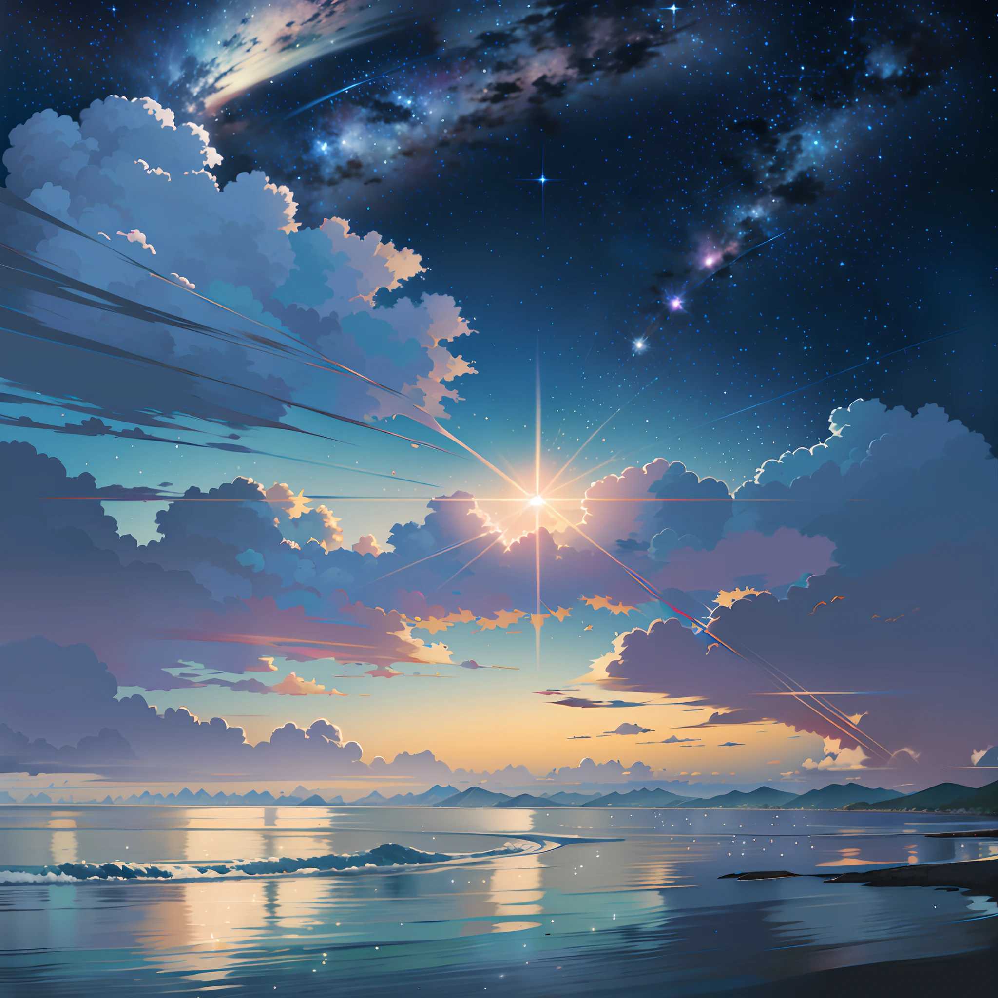 anime scenery of a beach with a star filled sky and a person on a surfboard, cosmic skies. by makoto shinkai, ethereal starlit city at sunset, anime sky, star(sky) starry_sky, anime beautiful peace scene, anime background art, beautiful anime scene, a beautiful artwork illustration, style of makoto shinkai, endless cosmos in the background