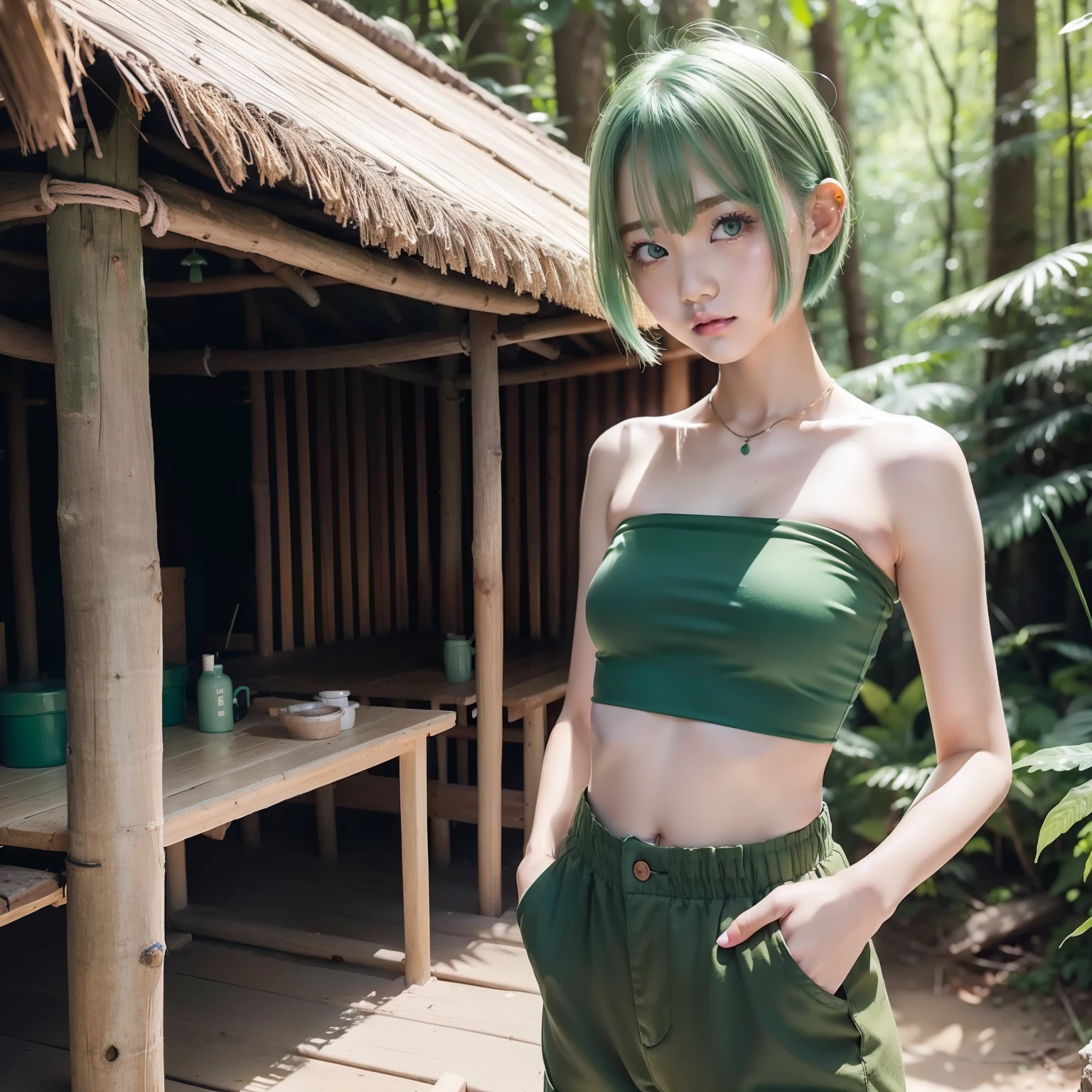 (((Tube Top)))、((small tits))、(pale green hair)、A slender、Shorthair、Stand in front of a hut in the forest、half-pants、1girl in、Bullish look、hightquality、kawaii、Young features