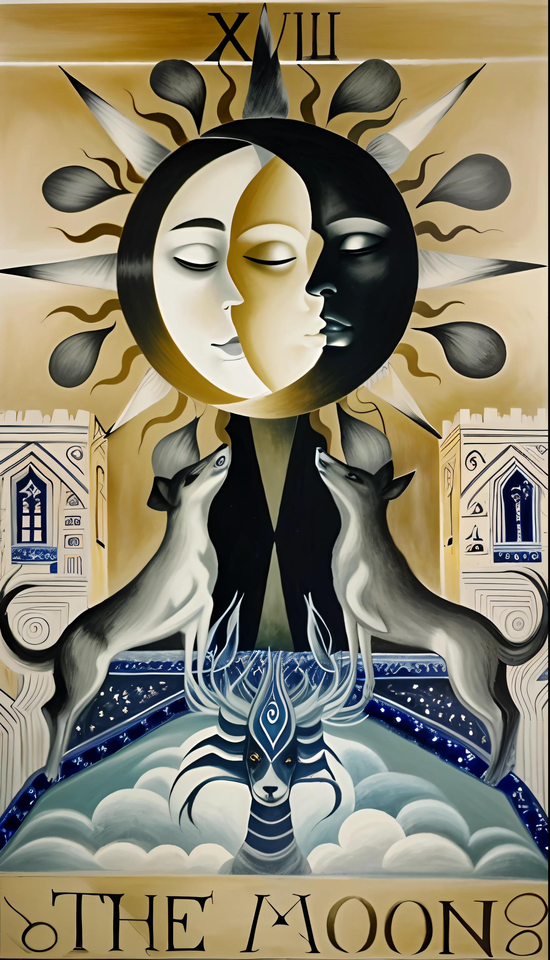 Painting of a woman and two dogs in front of a moon, inspirado em Leonora Carrington, Directed by: Helen Biggar, Estilo de Leonora Carrington, Directed by: Ursula Edgcumbe, Directed by: John Moonan, Directed by: Adrienn Henczné Deák, Directed by: Helen Edwards, por Ursula Wood, Goddess of the Hunt and the Moon, Directed by: Zsuzsa Máthé