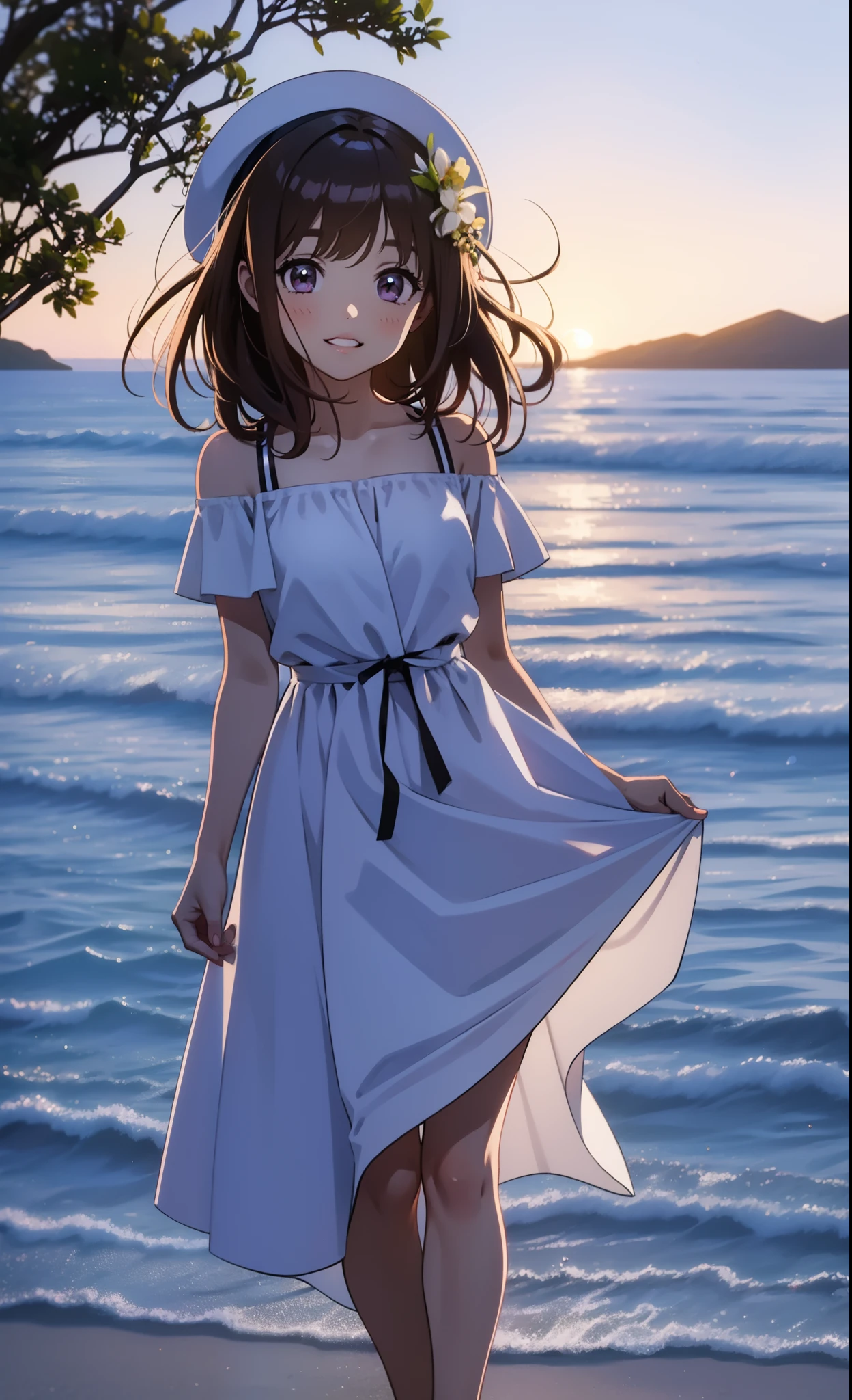 perfect anatomy,raw,8k,high resolution,super detailed skin,beautiful detailed eyes,high detailed,1girl,Solo,Yuki_madoka,Purple eyes,Brown hair,(medium fluffy hair),slender body,tiered dress,off shoulder,short sleeve,boater hat,Flat painting,(medium breasts),Smile,spread arms,girlfriend,date,Beach with beautiful background,Blue Hour,blue tone,summer vacation,travel,Looking at Viewer,Wide Viewer,side viewer,standing,faint lips,sunset,full_body,see_through skirt,backlight,tree,sandals,travel,in okinawa,wind,footprints,flower arrangement,bokeh